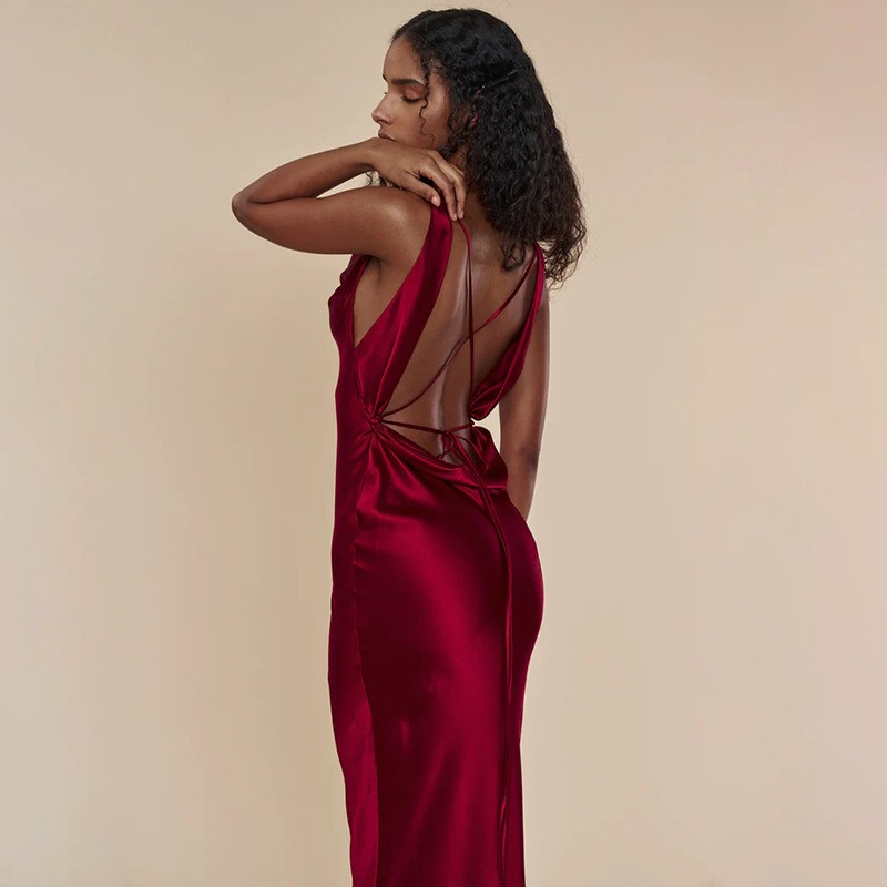 Women’s Satin Cowl Neck Backless Lace-Up Maxi Dress S-L 2 Colors