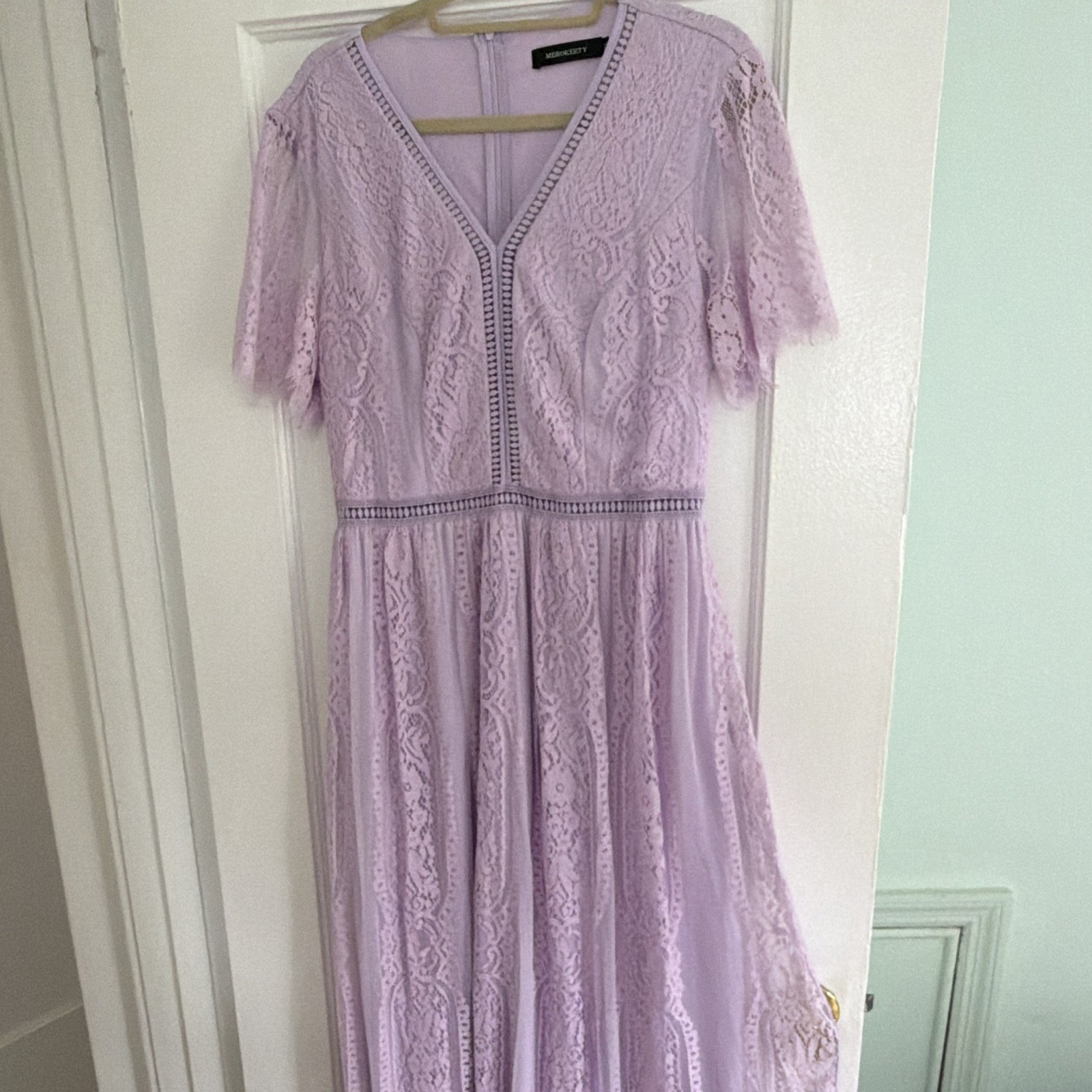 MEROKEETY Women’s Purple Solid Lace V-Neck Short Sleeve Maxi long Dress Zip XL