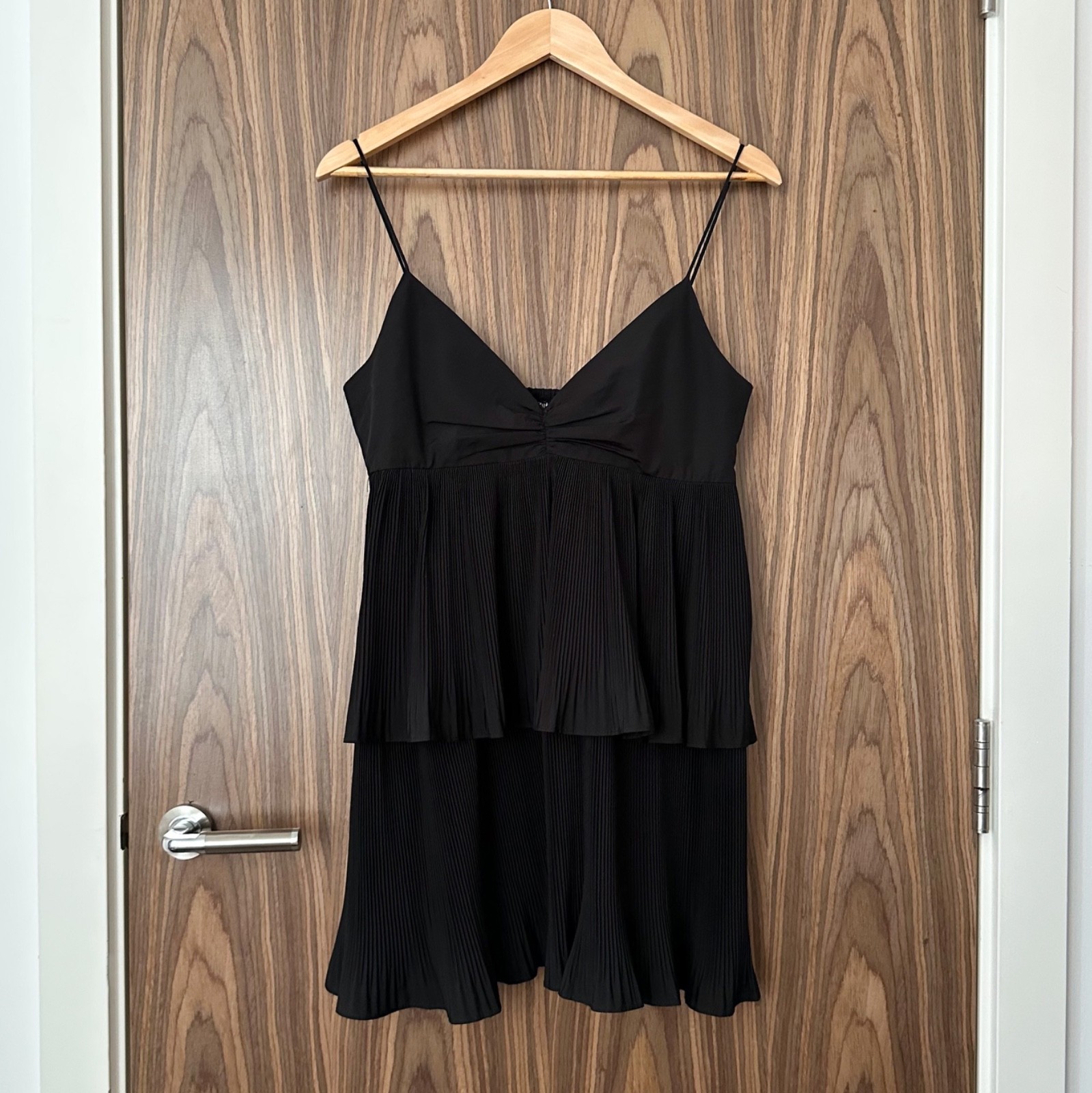 Zara Black Pleated Plisse Tiered Layered Cami Ruched Front Mini Dress M