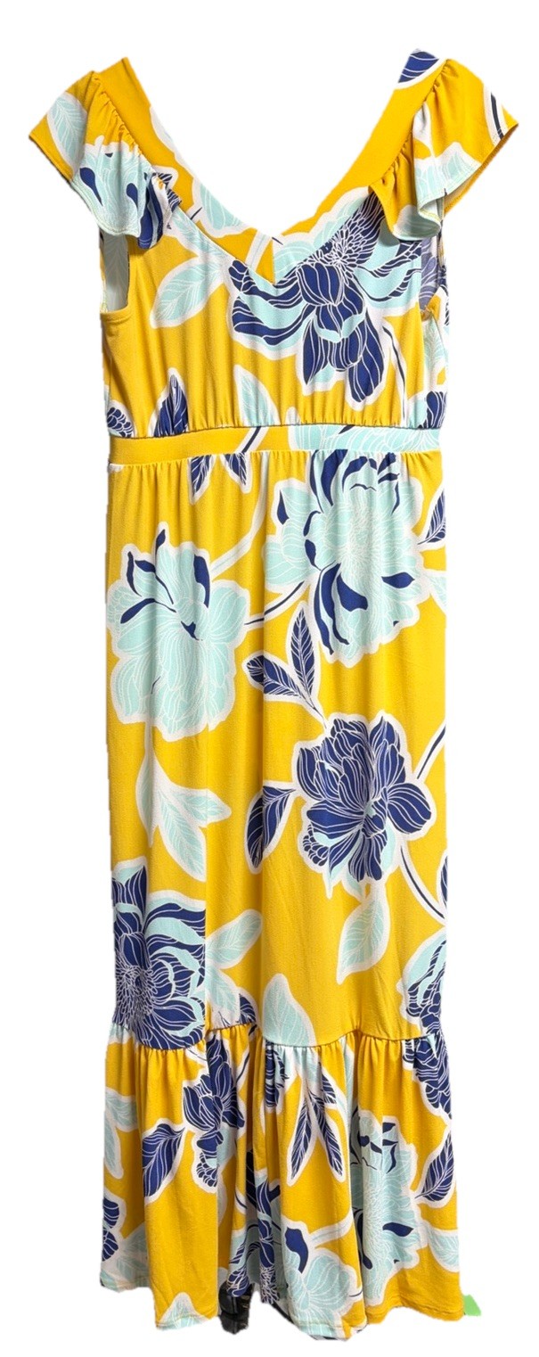 IMAN Global Chic Yellow Blue Floral Maxi Dress Resort Summer Cruise Petite M NWT