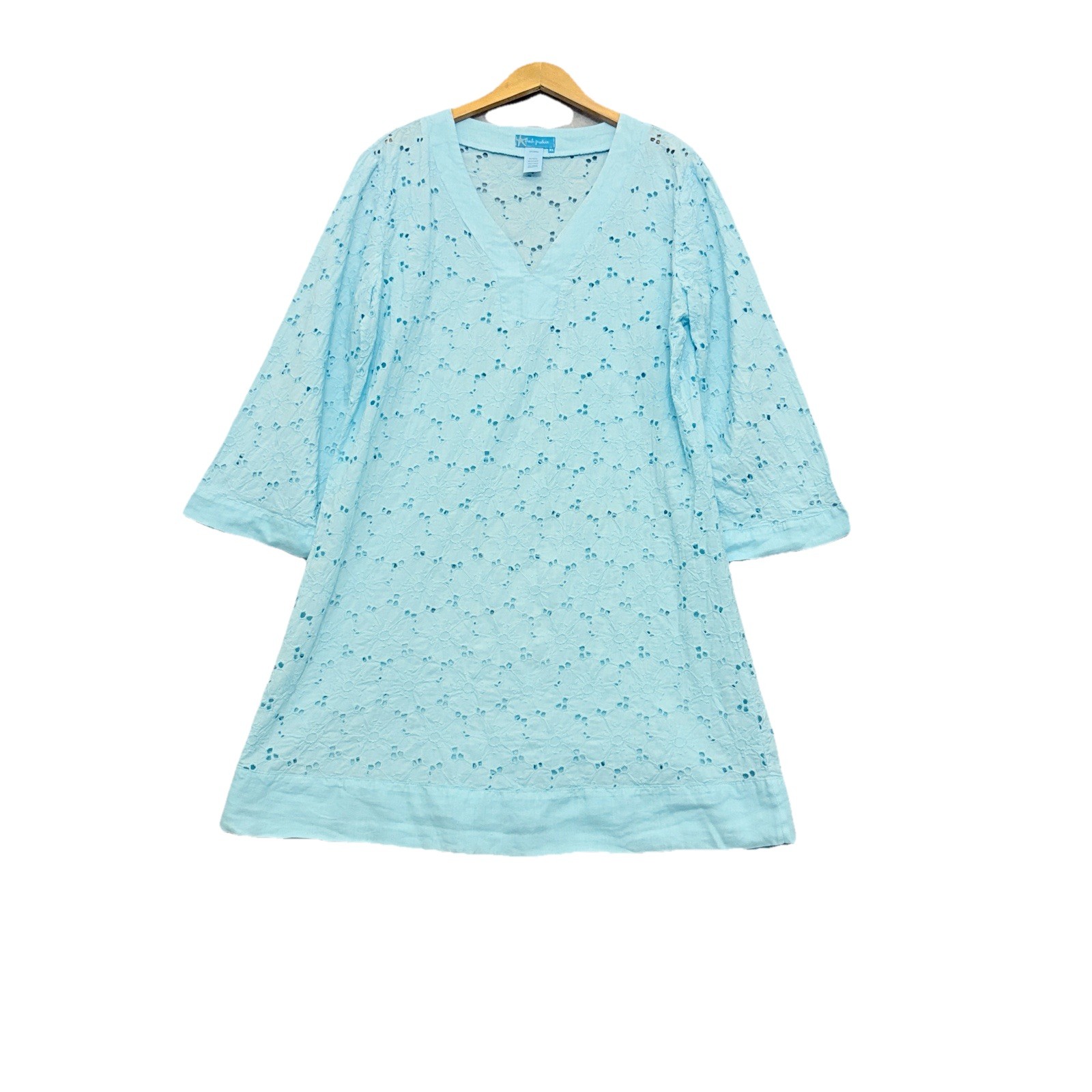 Fresh Produce Baby Blue Eyelet Lace Dress Coverup XL Cotton Beachy Resortwear