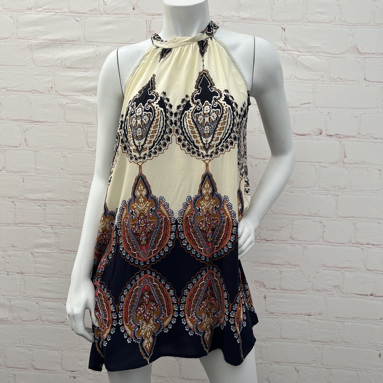 BlueTime Printed Temperament Sleeveless Hanging Neck Press Pleated Dress Beige S