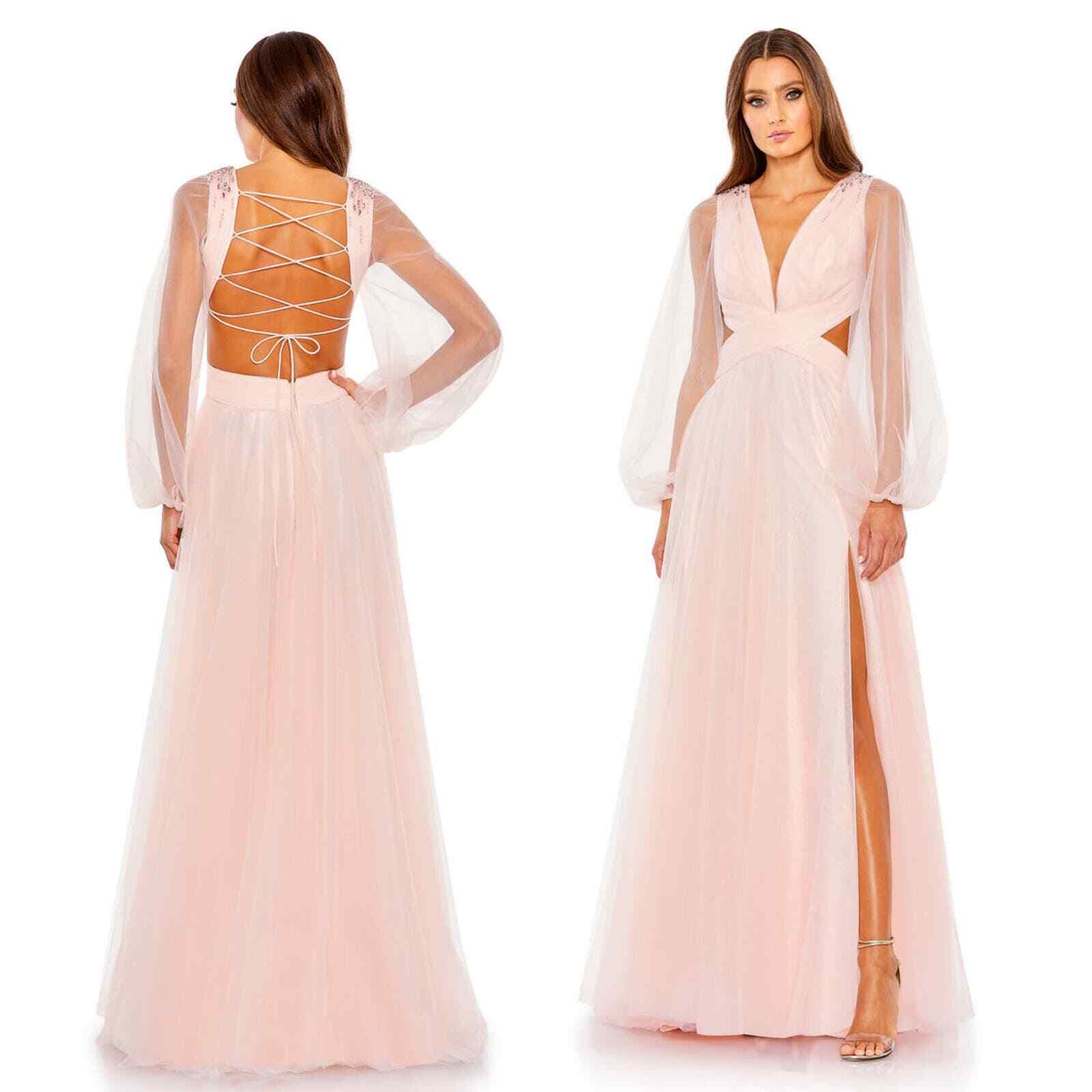 Mac Duggal NEW Tulle Sheer Long Sleeve Cut Out Lace Up A-line Gown Blush Size 6