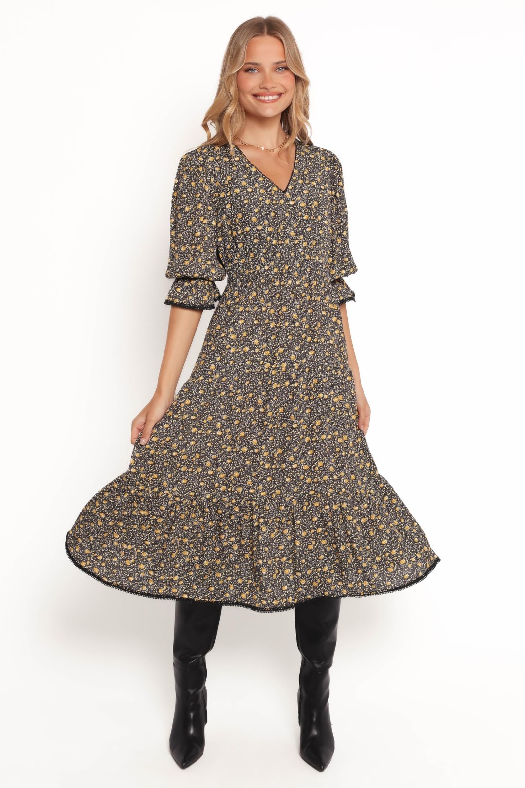 NEW Petal And Pup Simone Black Floral Puff Sleeve Boho Tiered Midi Dress Size S