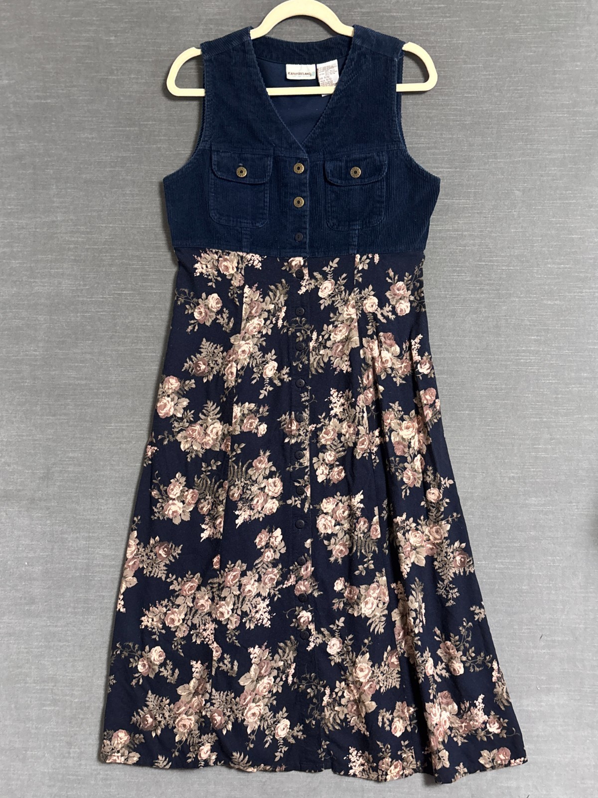 Vintage 90s Jumper Dress 11/12 Blue Pink Floral Corduroy Cowgirl Western Cottage