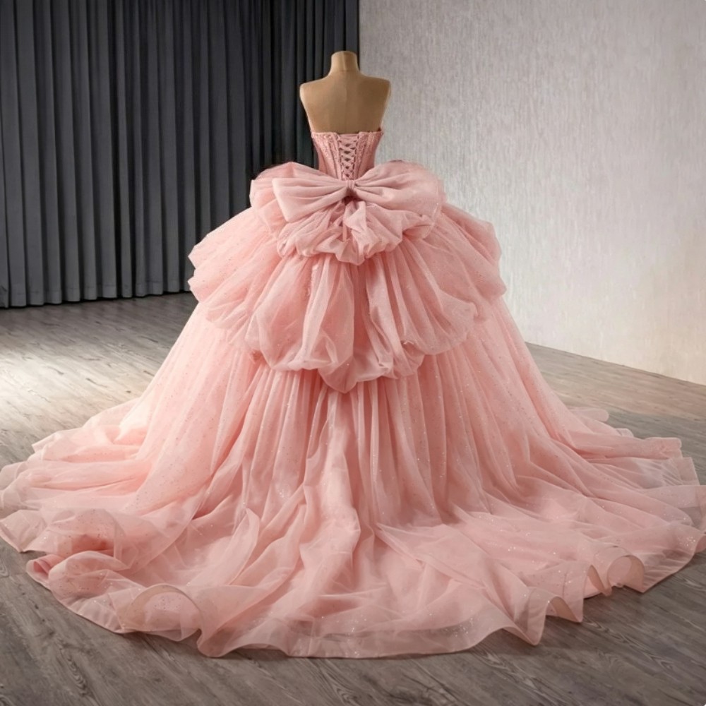 Elegant Strapless Quinceanera Dresses Glitter Tulle Court Train With Bow Custom