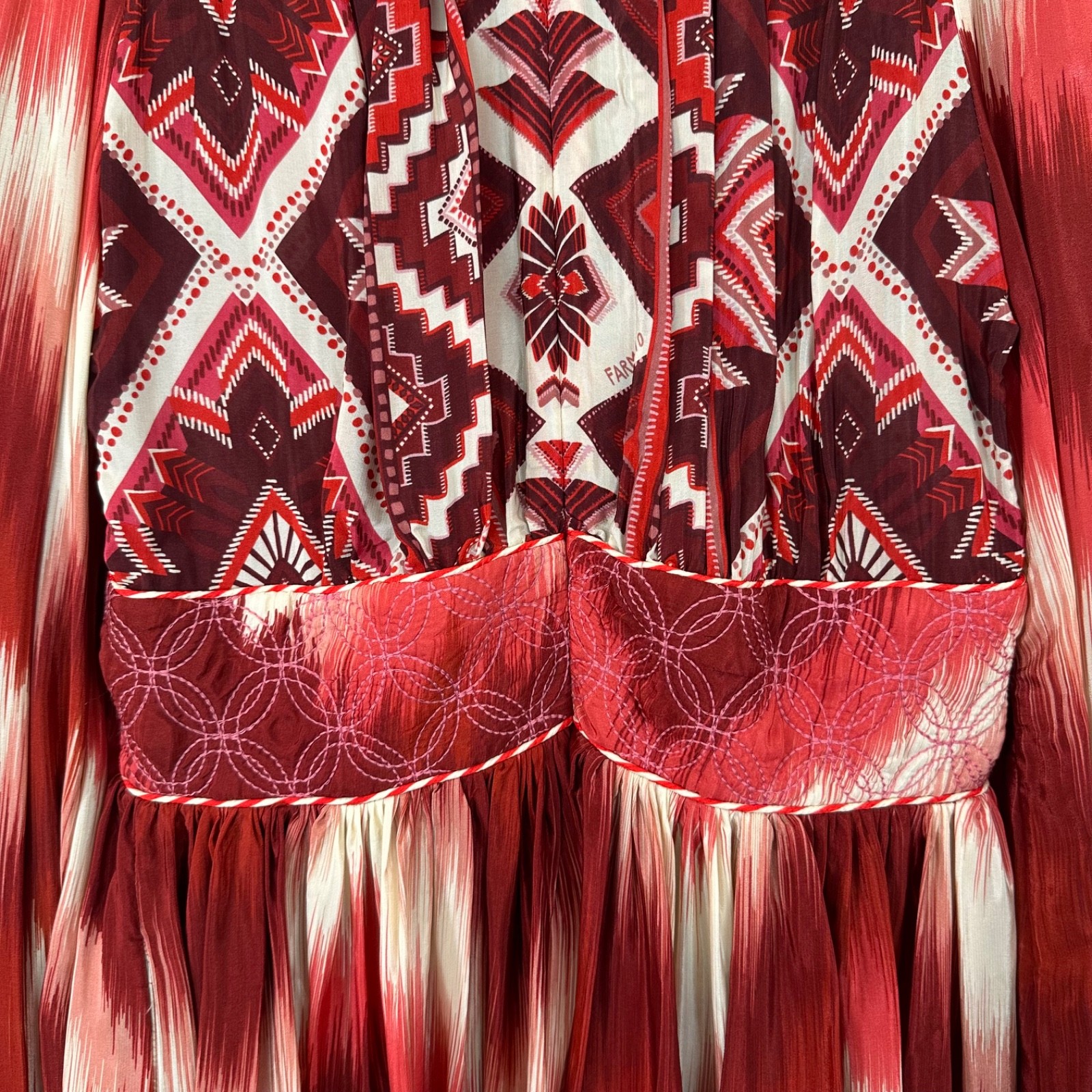Farm Rio Ikat Boho Quilted Embroidery Puff Sleeve Mini Dress Size S Festival 70s