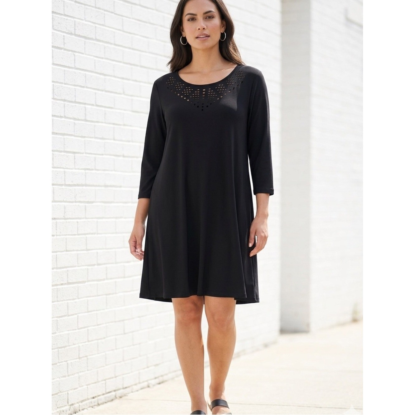 Sympli Black Swing Dress Laser Cut Neckline Classic Minimalist Lagenlook 14