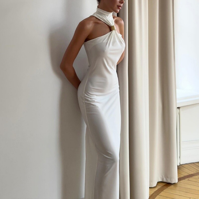 Summer Solid Color High Neck Temperament Sleeveless Slim Fit Hip Hugging Dress