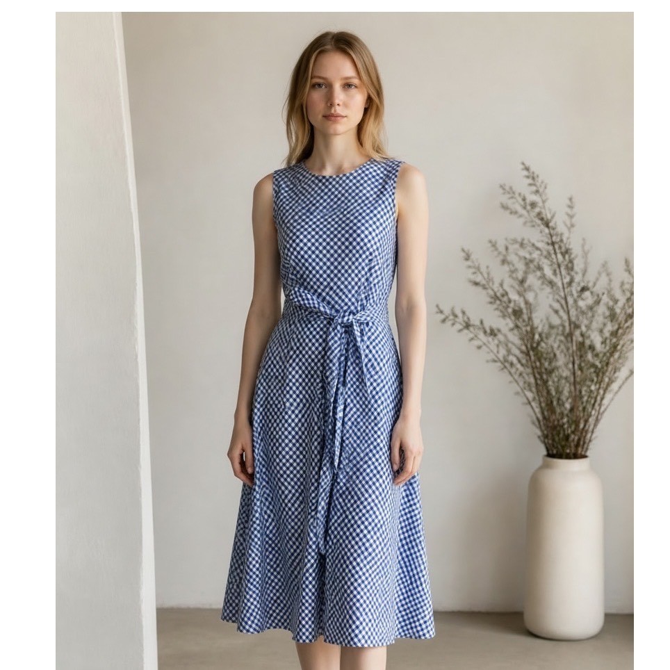 Anne Klein Gingham Midi Dress XS Blue White Sleeveless Tie Waist Cottagecore
