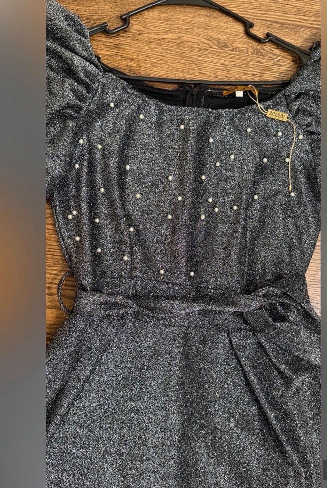 Sharara Silver Black Glitter Pearl Puff Sleeve Square Neck Maxi Dress Zip 14