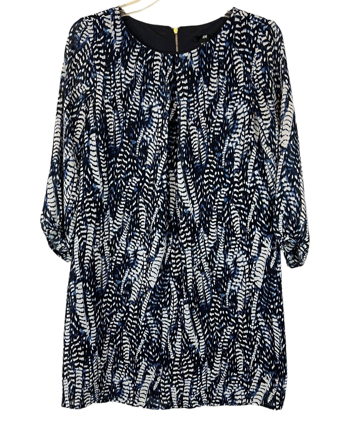 H&M Women’s Navy Print Pleated Neck 3/4-Sleeve Mini Dress Size 4 Office Church