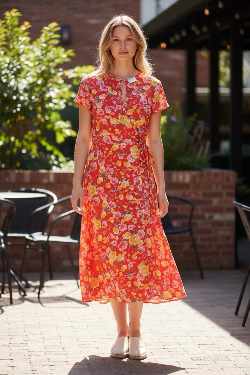 Sienna Sky Dress Orange Size Large Floral Short Short Sleeve 1553