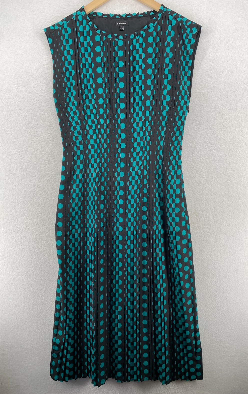 J.PETERMAN Dress 10 Crepe Pleated Midi Polka Dot Dolman Sleeve Black Blue