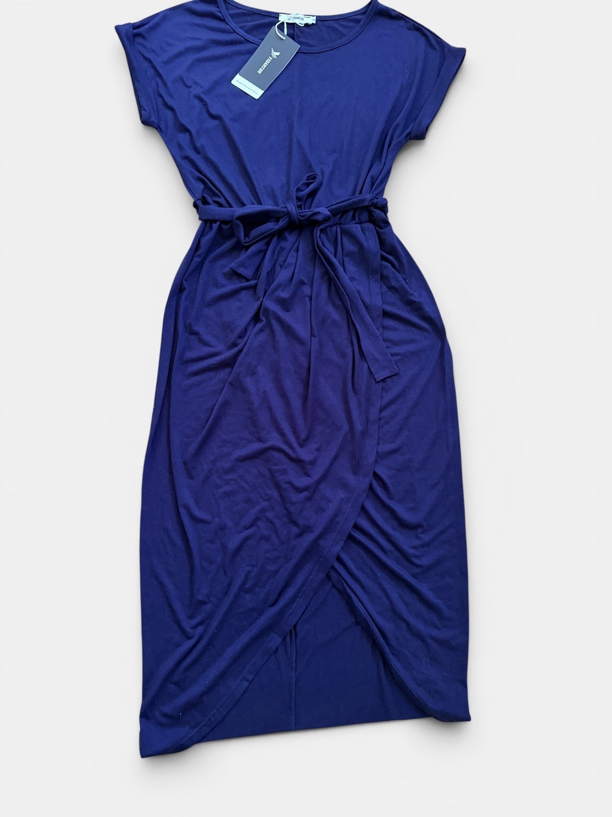 NWT Yidarton Women’s Blue Midi Wrap Dress Tie Waist Short Sleeve Size L