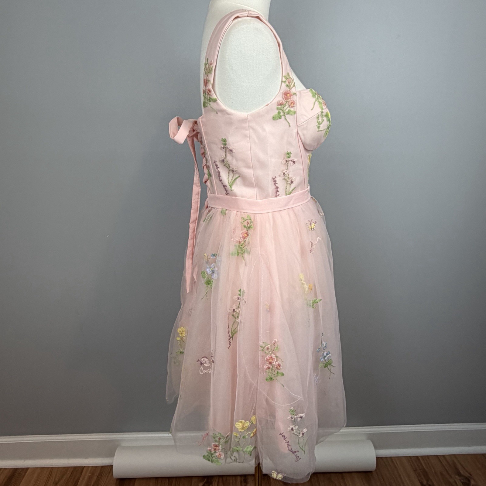 Pink Tulle Mini Dress Fairycore Lace-Up Corset Romantic Embroidered Floral Sz 8