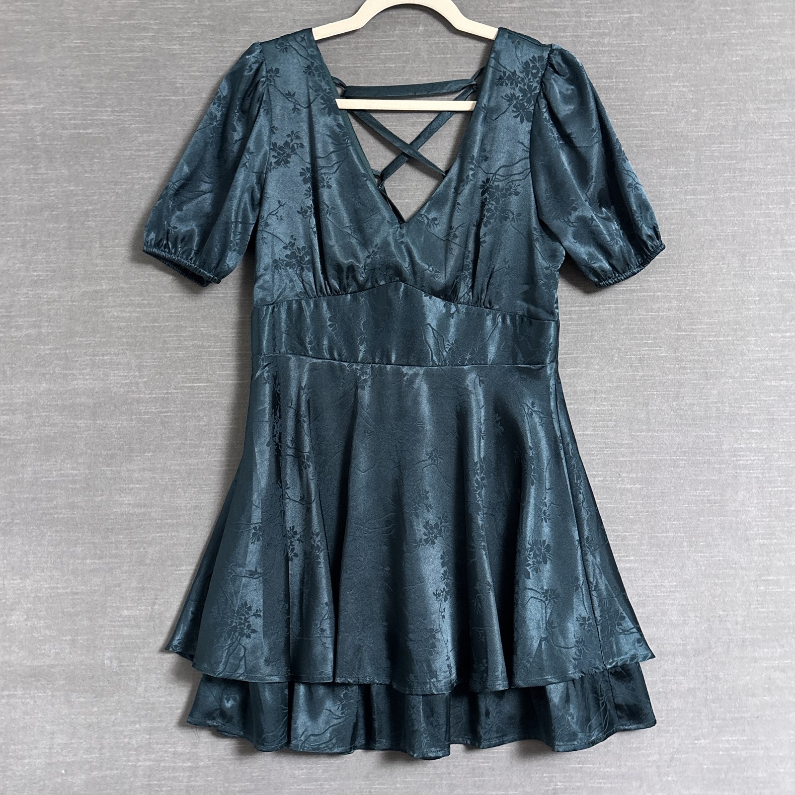 Allison Kelly Dress L Teal Satin Puff Sleeve Tiered Boho Romantic Fairy Goth