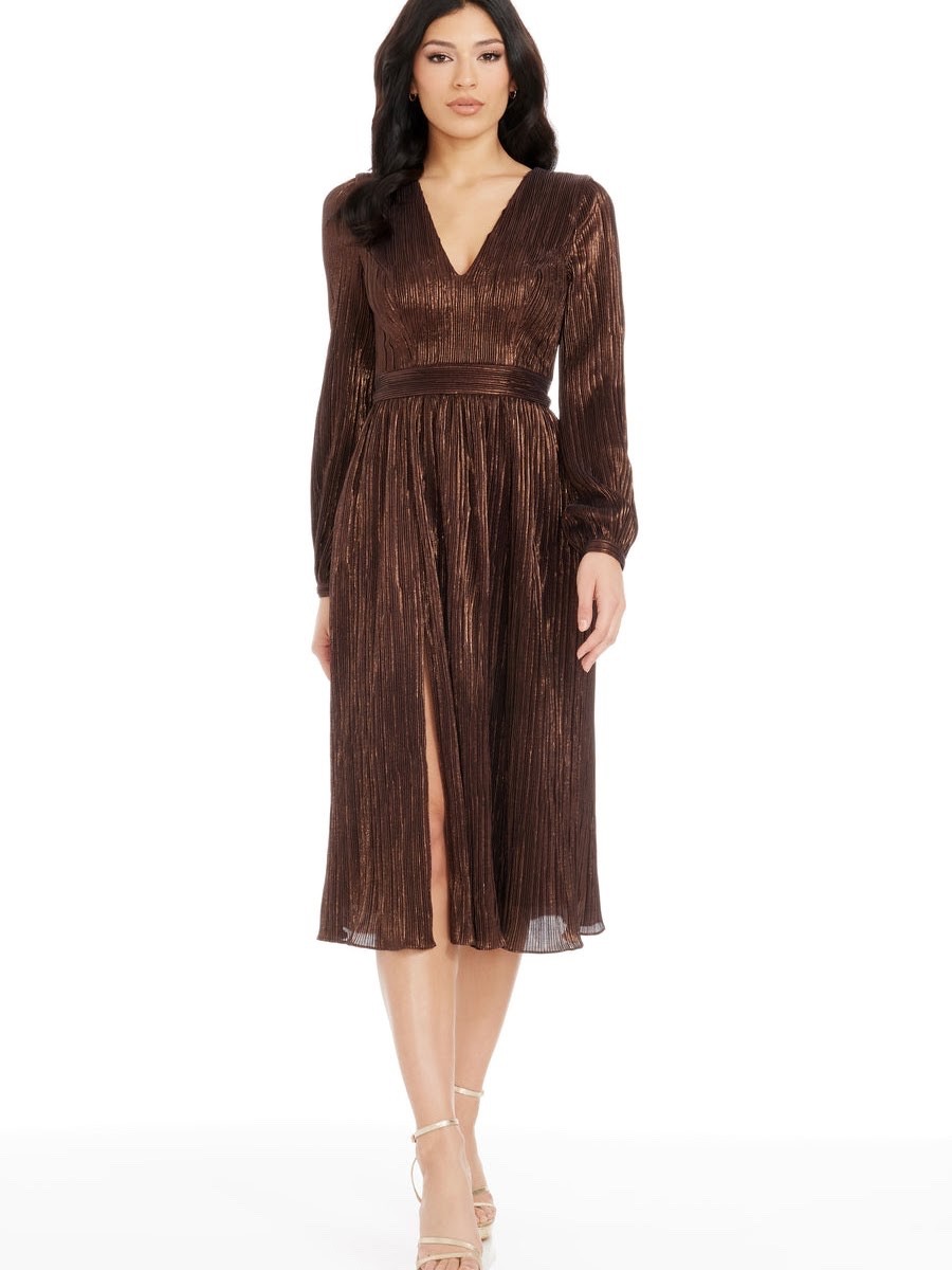 Dress the Population Holly Long Sleeve Metallic Plissé Dress Size M in Brown