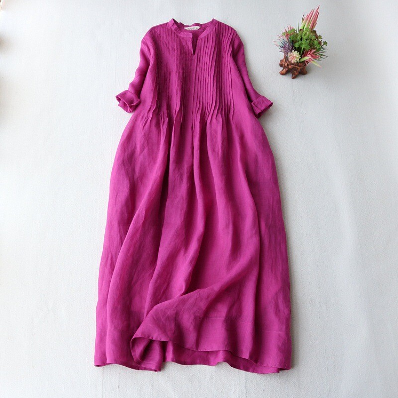 Womens Retro Stand-Up Collar Elegant Wind Pleated Cropped Sleeve Loose Dress