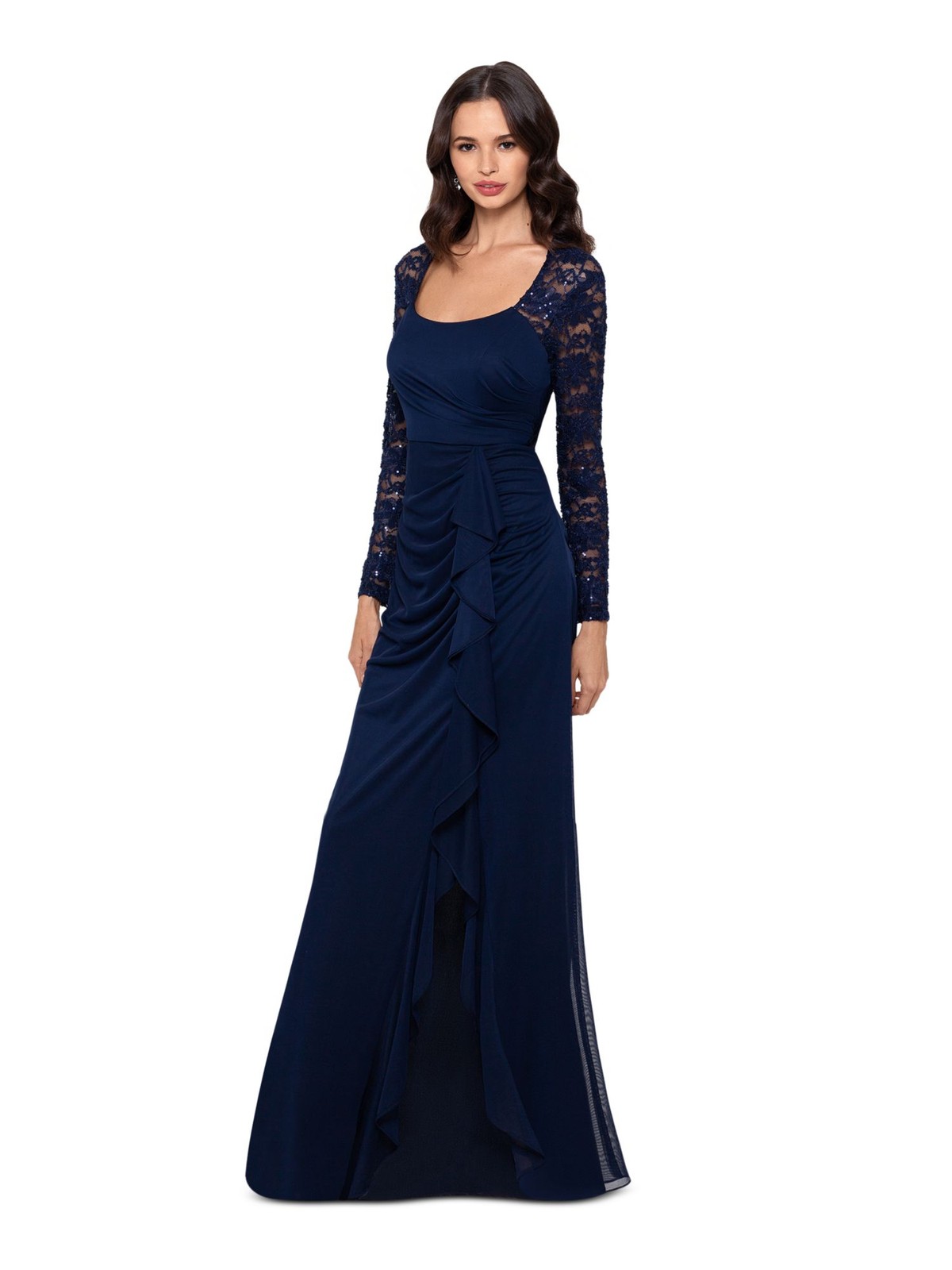 XSCAPE Womens Sequined Long Sleeve Scoop Neck Full-Length Evening Body Con Dress