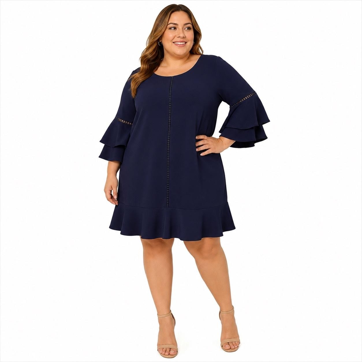 Roz & Ali Dress Womens 22 Blue Ruffle Bell Sleeve Shift Short Lined Party