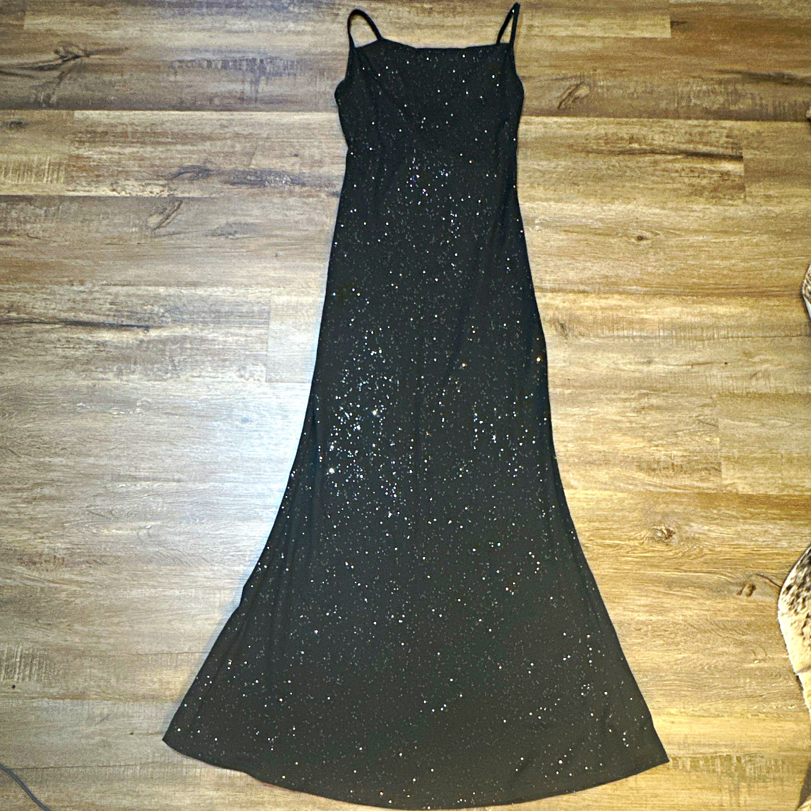 HIMLAND Womens Black Glitter Spaghetti Strap Lace-Up Back Maxi Dress Sz M