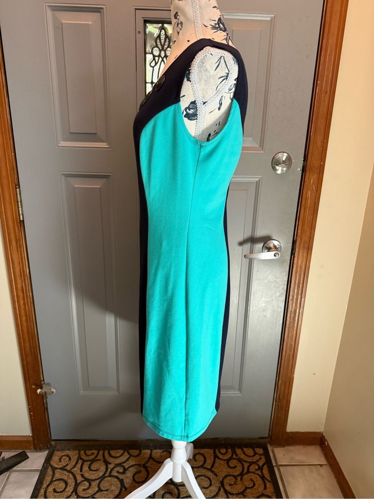 Enfocus Studio-Navy and Teal Jewel-Accent Sheath Midi Dress-slimming!