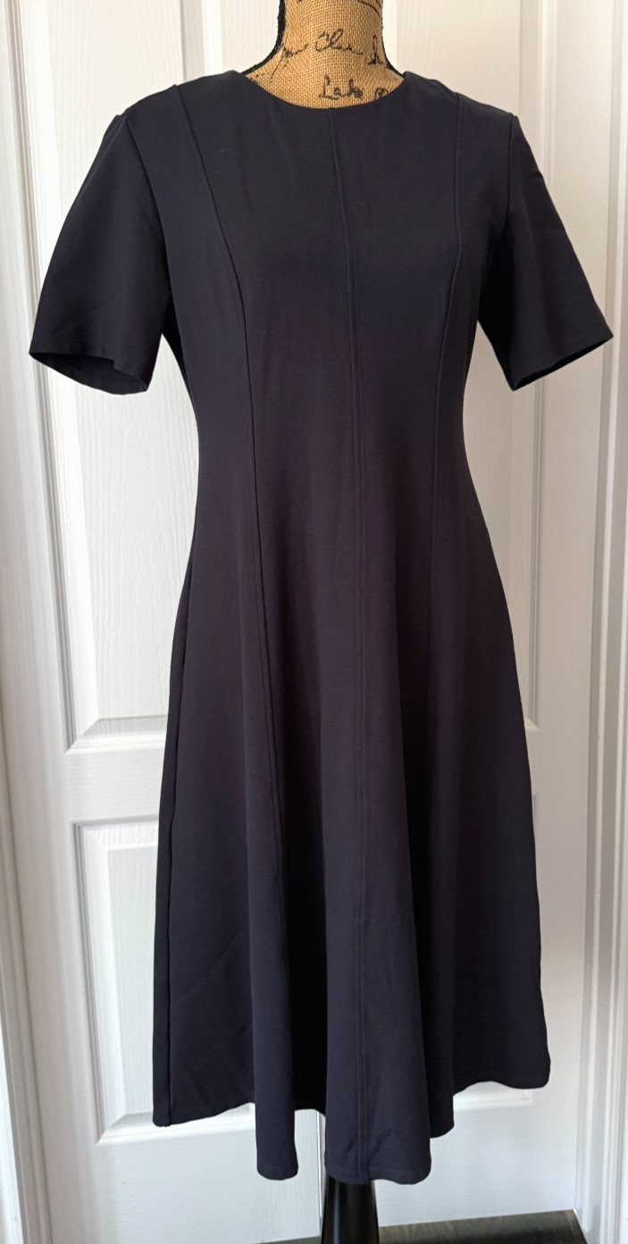 Quince Ultra Stretch Ponte Short Sleeve Midi Dress Navy Blue Zip Workwear Large