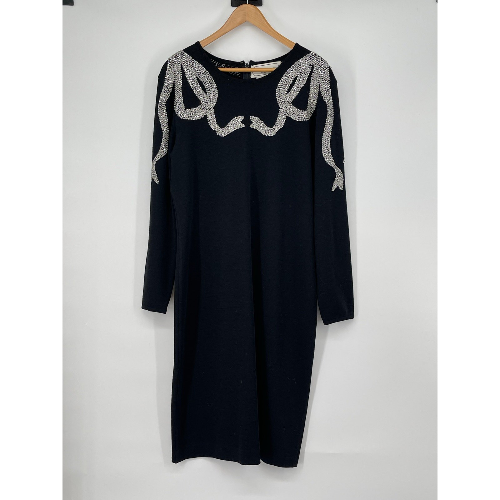 VTG Adrienne Vittadini Wool Beaded Bow Dress Black Long Sleeve 80s Sz 14 Evening