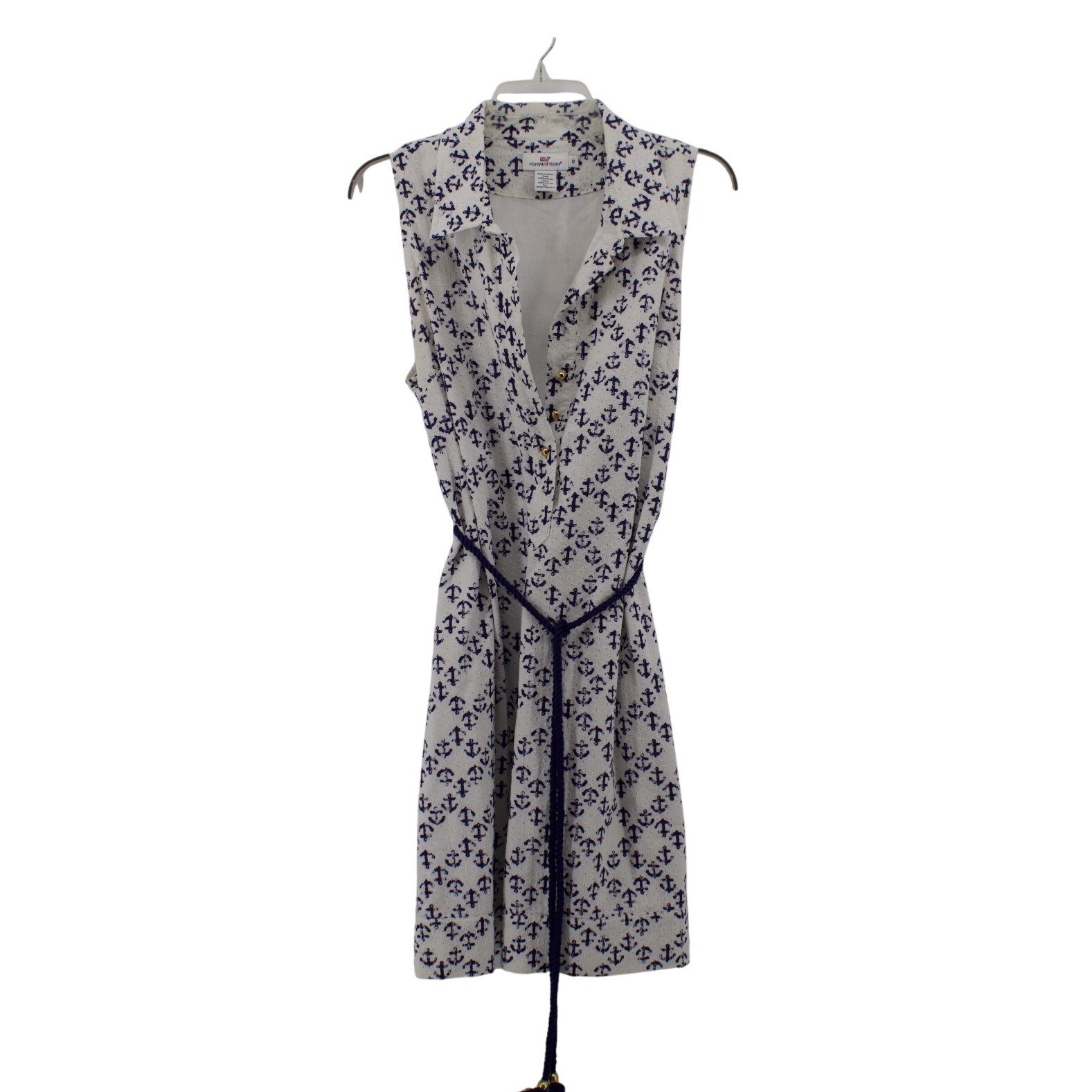 Vineyard Vines Shirt Dress Womens 12 White Blue Good Anchor Eyelet Rope Belt