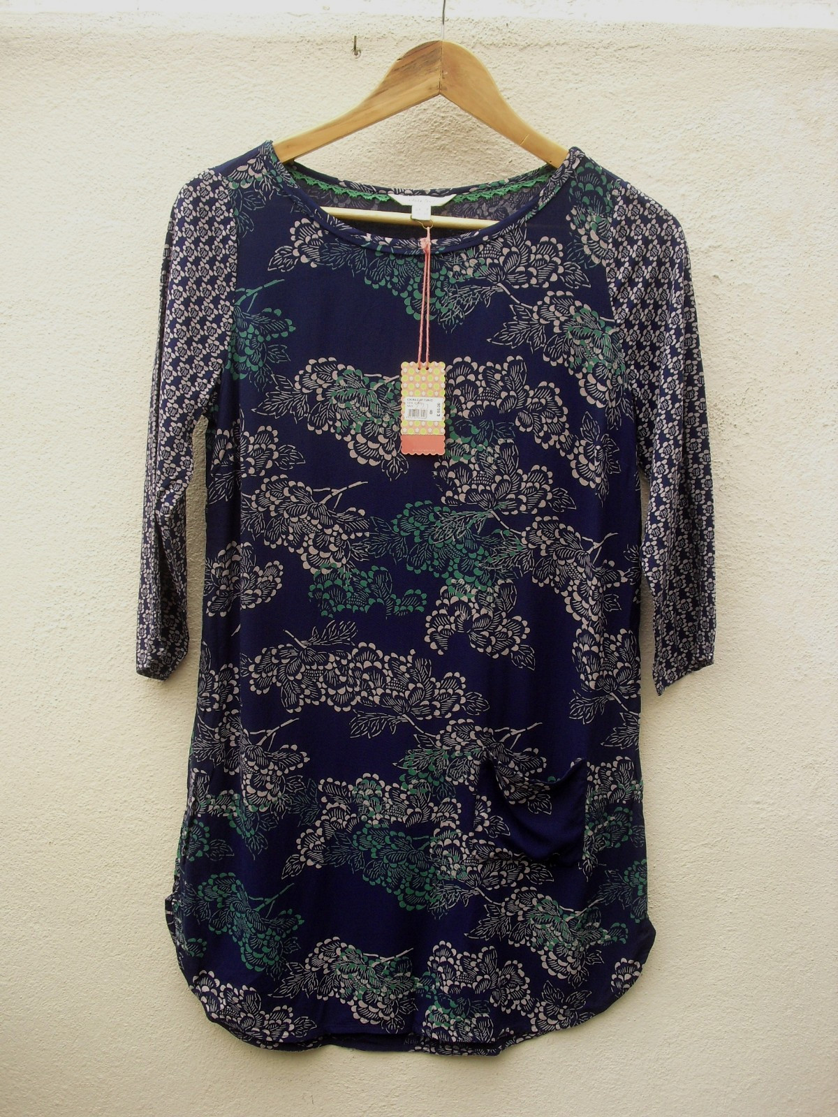 White Stuff size 8 China Cup blue green abstract floral print tunic dress long