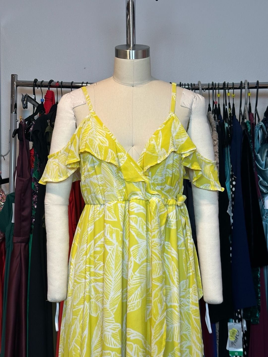 Torrid Yellow Leaf Print Chiffon Cold Shoulder Wrap Midi Dress