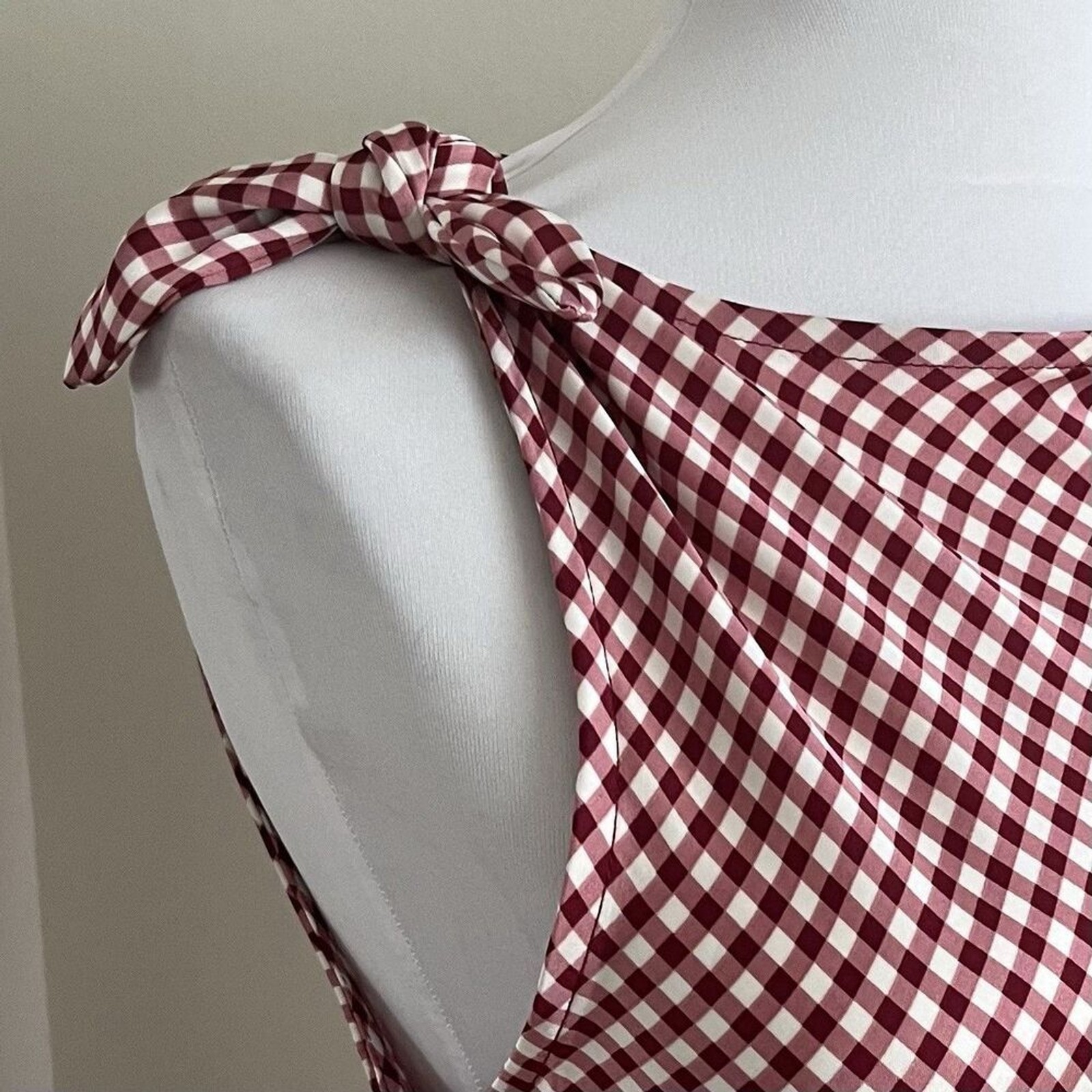 Caroline Constas Burgundy Gingham Maxi Dress M Tie Shoulder Bias Euro Summer NWT