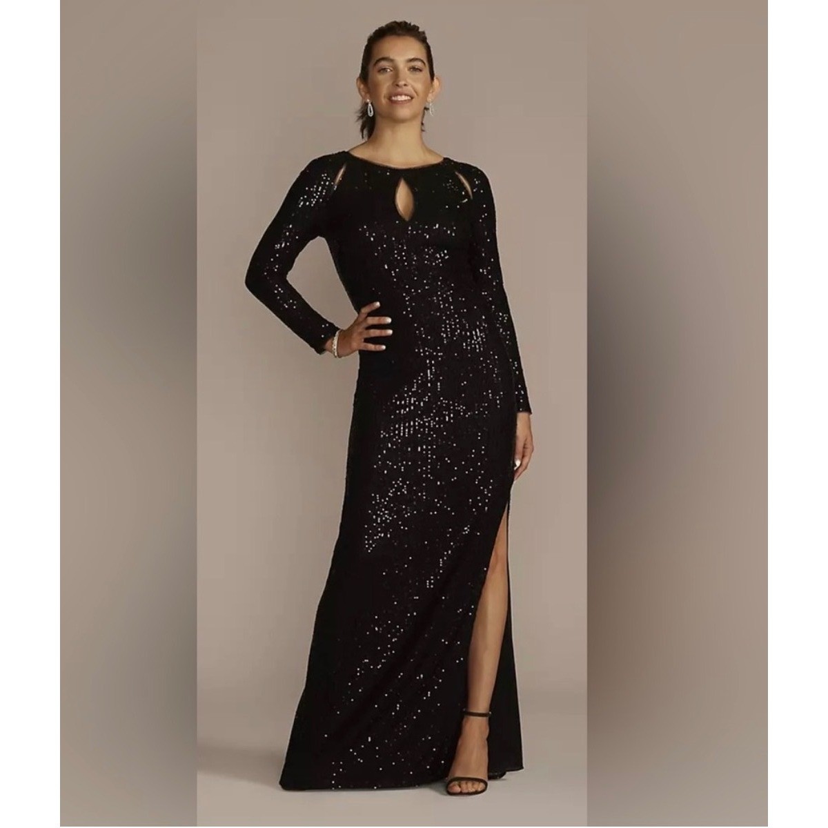 Black Sequin Long Sleeve Maxi Dress Shoulder Cut Out Side Slit Formal Gown