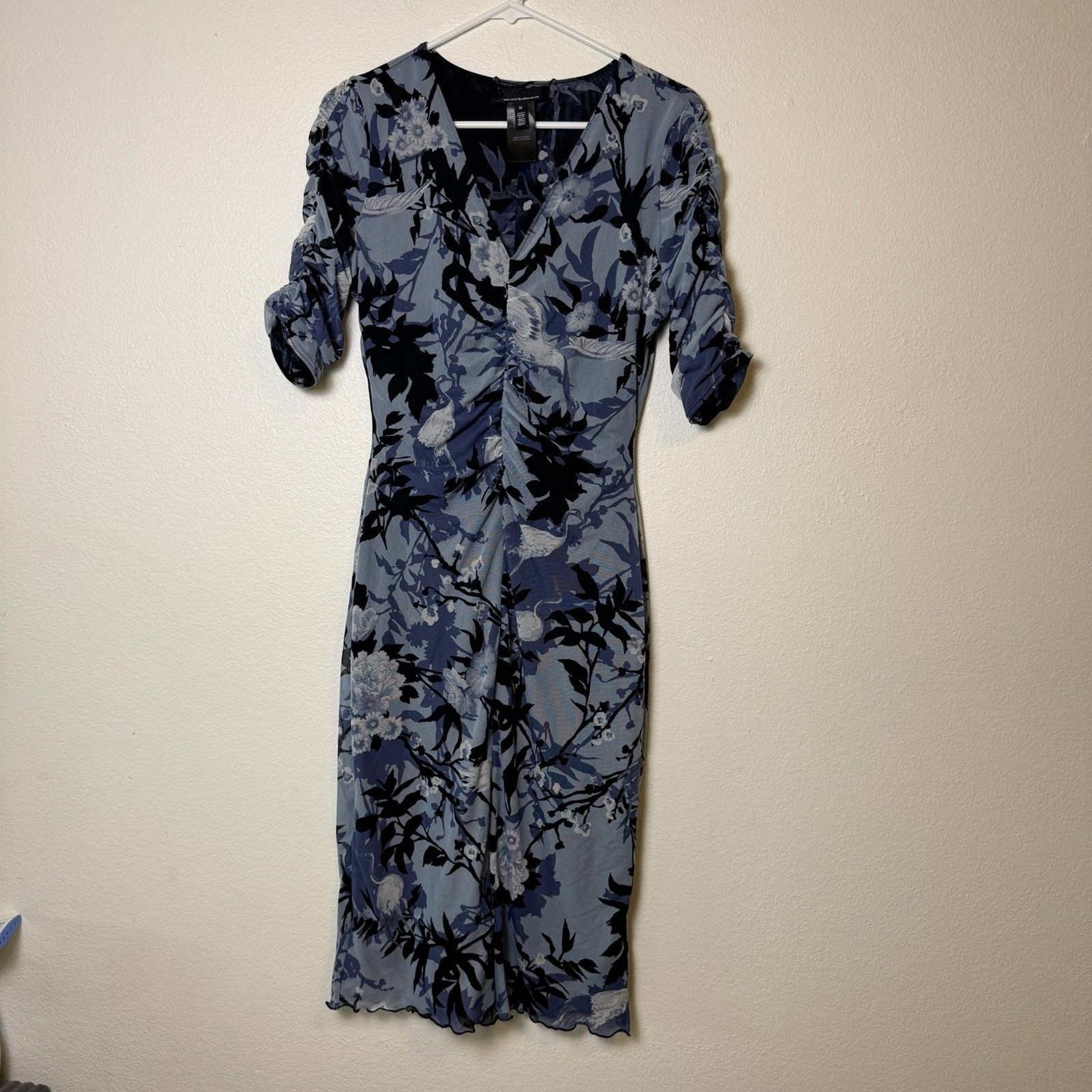 White House Black Market Women’s M Blue Mesh Floral Ruched Midi Dress