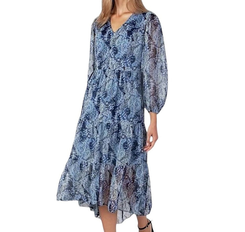 NWOT JOIE Parisian Paisley Tiered Midi Dress Size L Smocked Hi Low Blue Boho