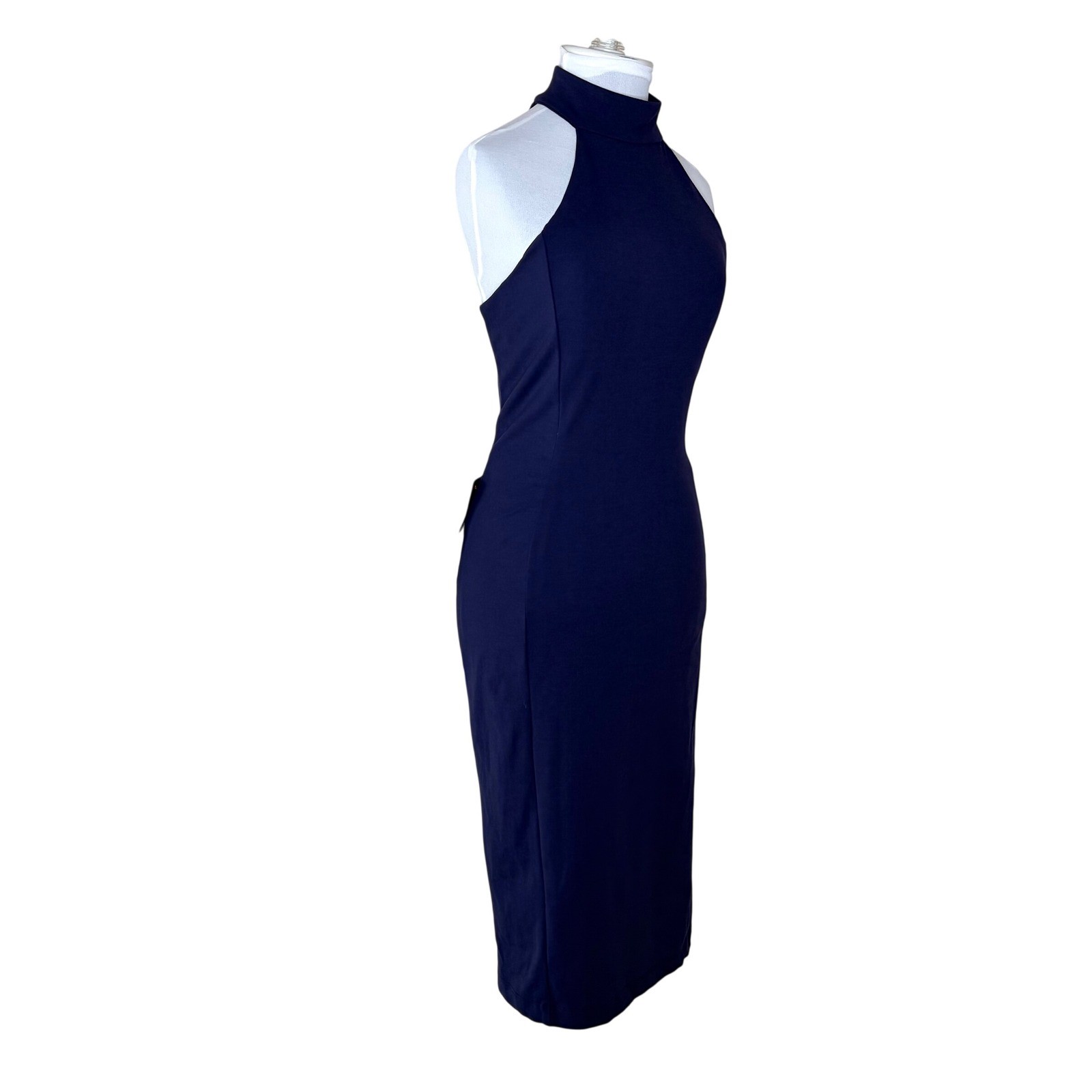 bebe Midi Dress Womens Medium Mock Neck Strappy Back Navy Blue Bodycon Formal