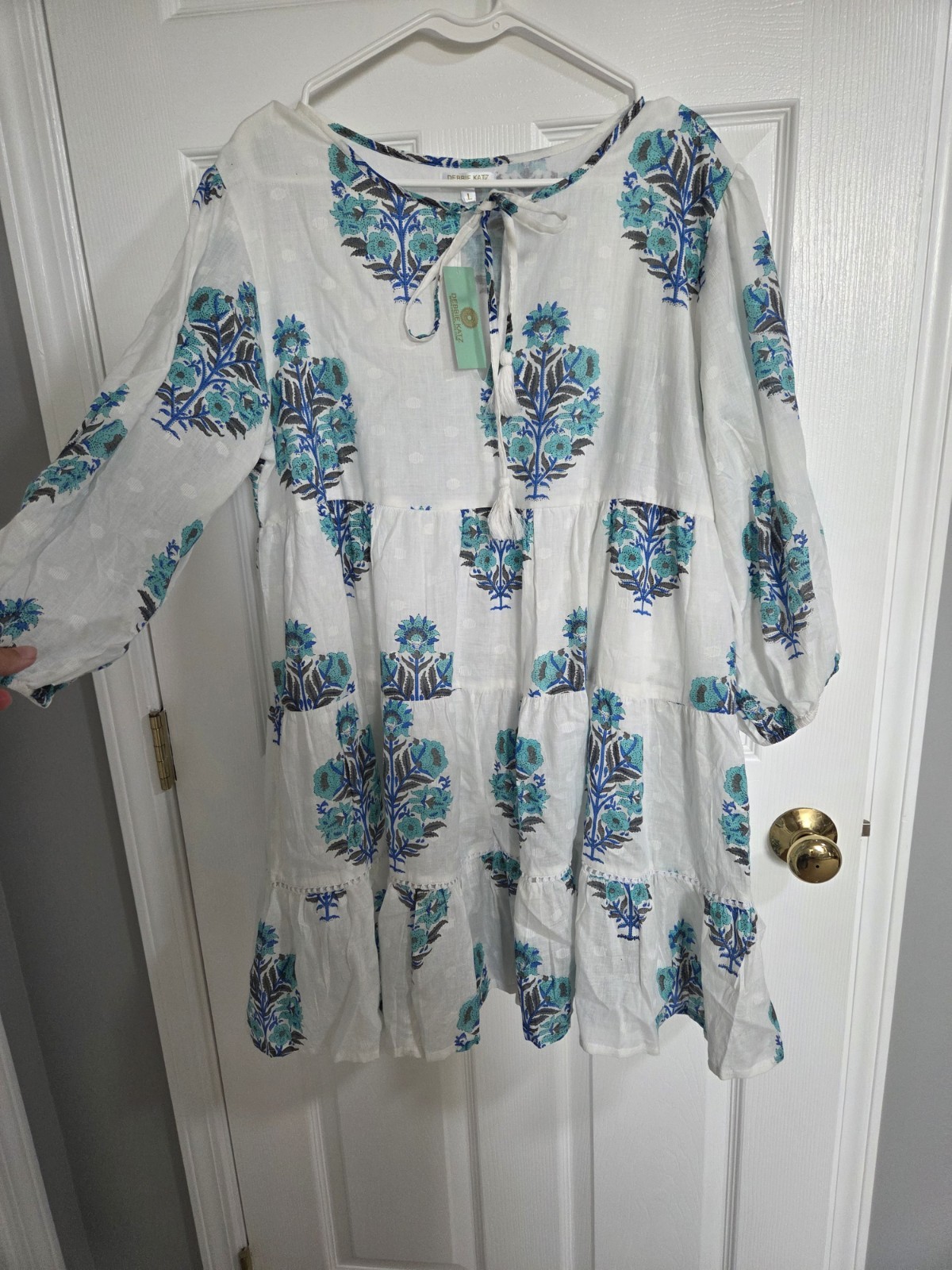 Debbie Katz Boho Tiered Floral Sundress Tunic Beach 3/4 Sleeve L
