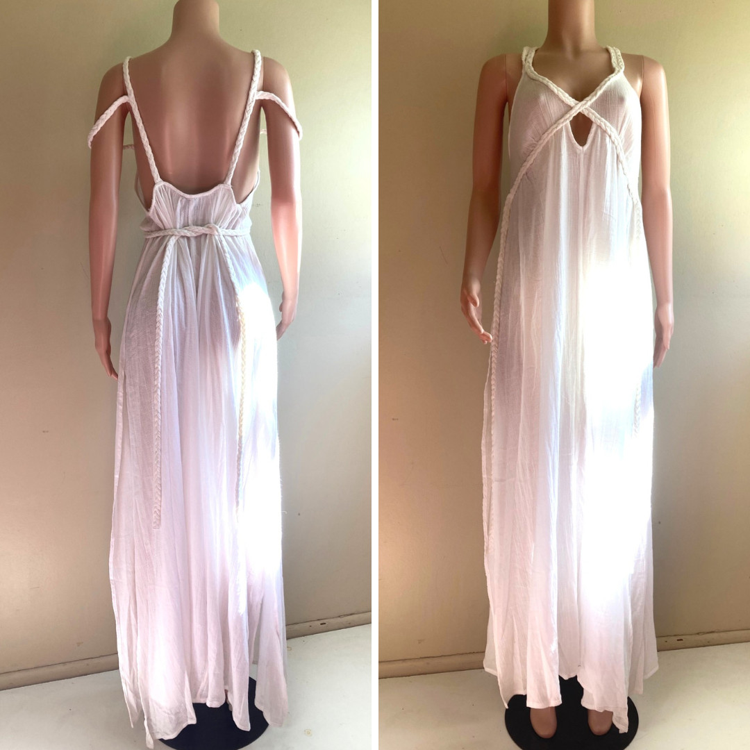 ASOS White L XL Goddess Maxi Dress White Cotton Straps Bra Top Low Tie Back
