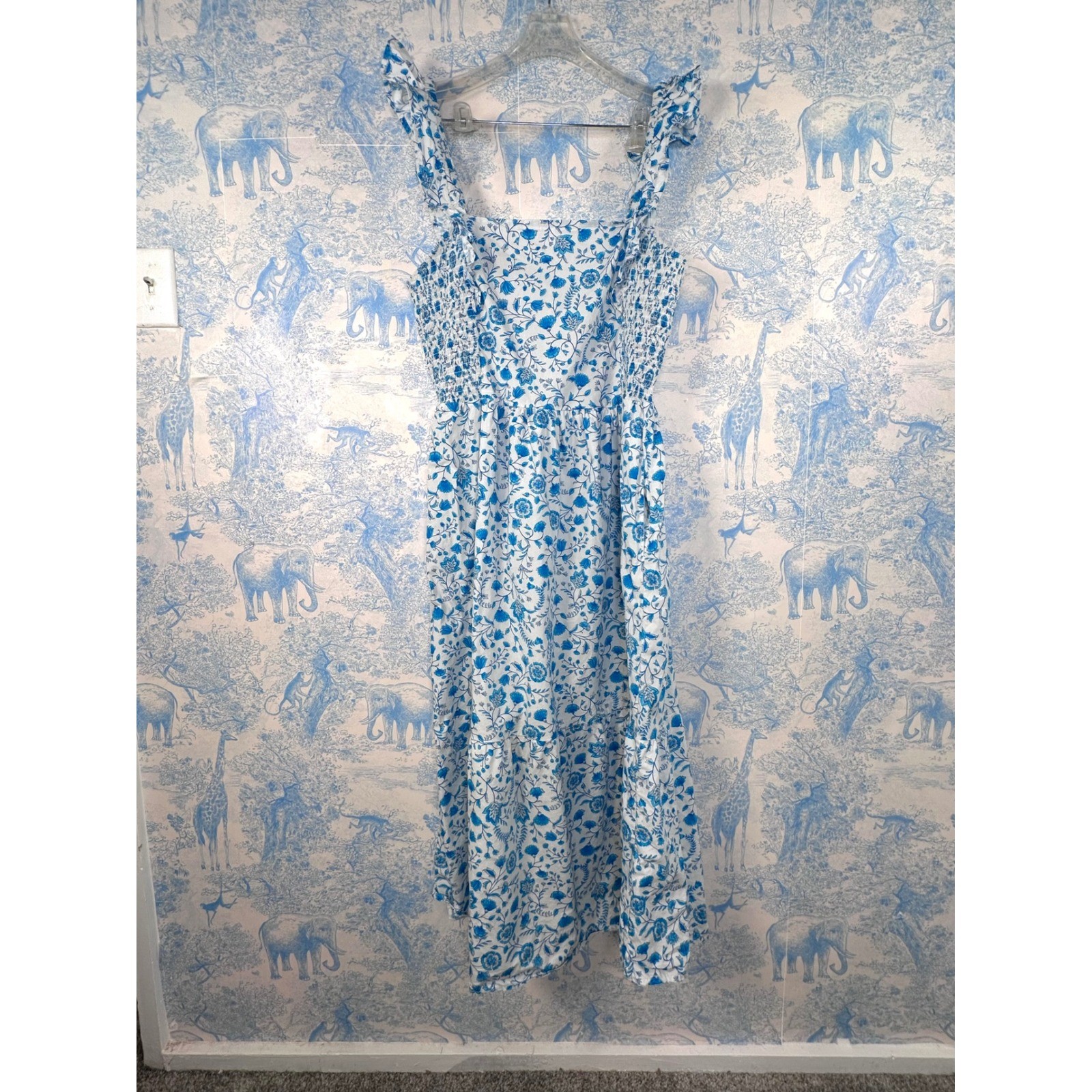 Draper James Blue White Floral Smocked Ruffle Midi Dress XL Cottagecore Toile