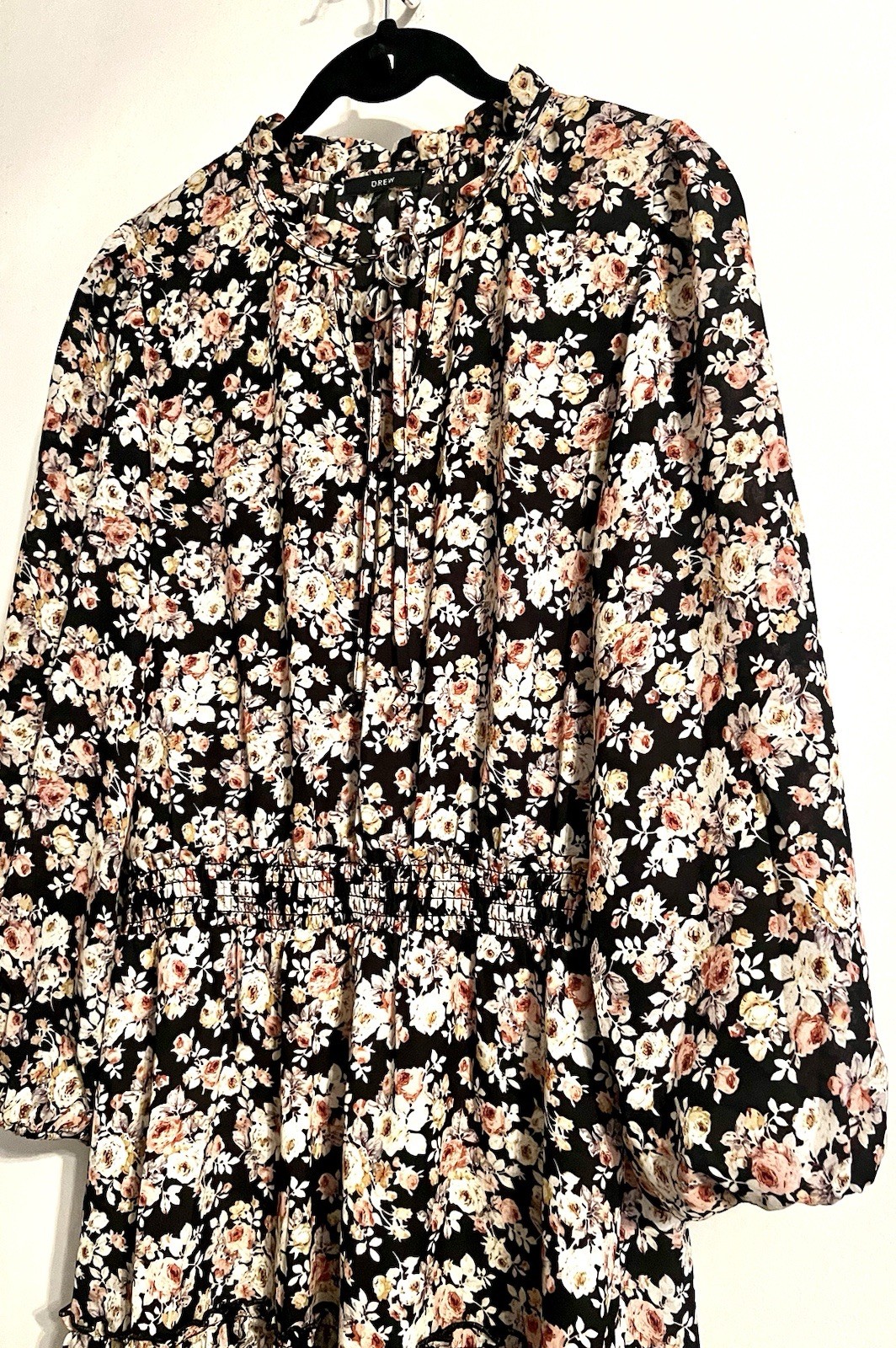 Drew Black White Pink Floral Long Sleeve Tie Neck Smocked Short Dress XS