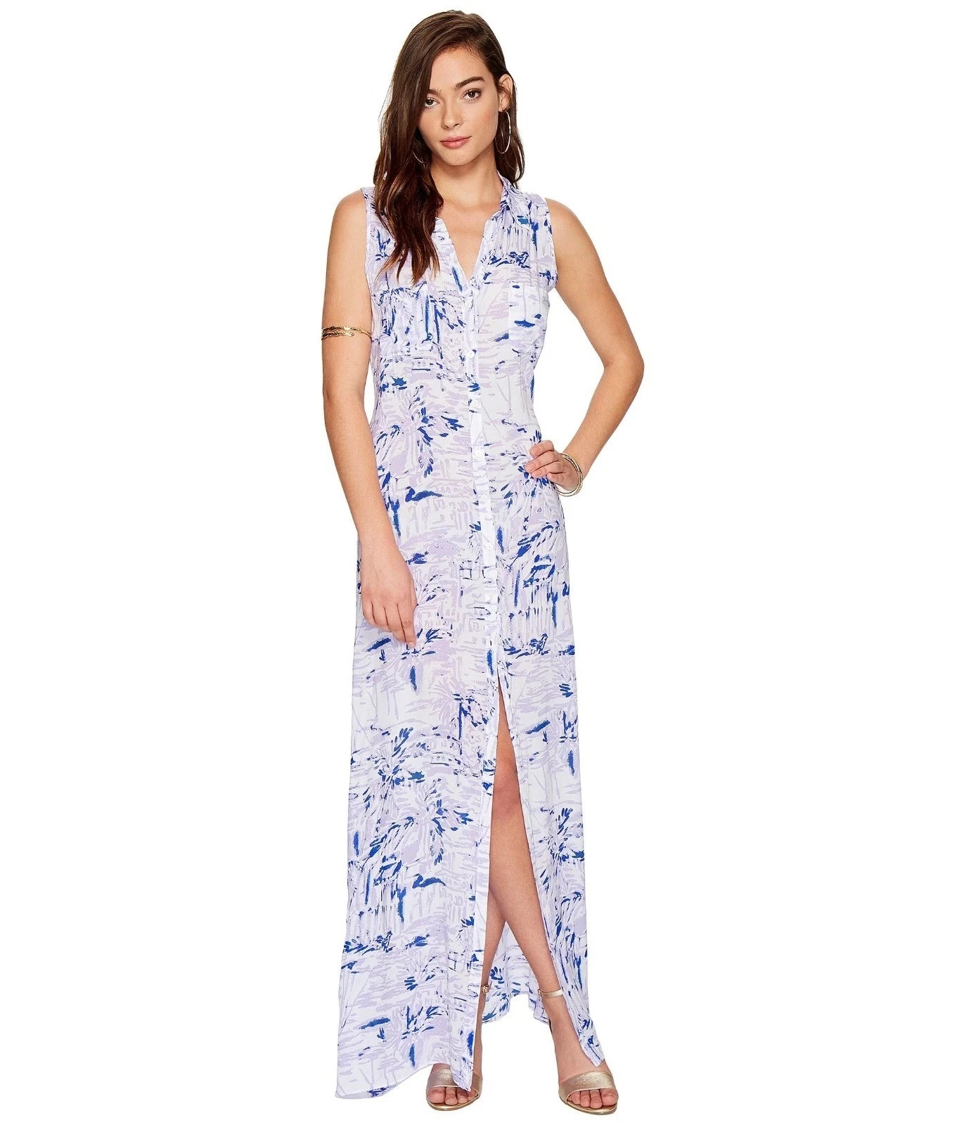 Lilly Pulitzer Erza Maxi Beach Dress Lilac Verbena Rock The Dock Purple Rayon LG