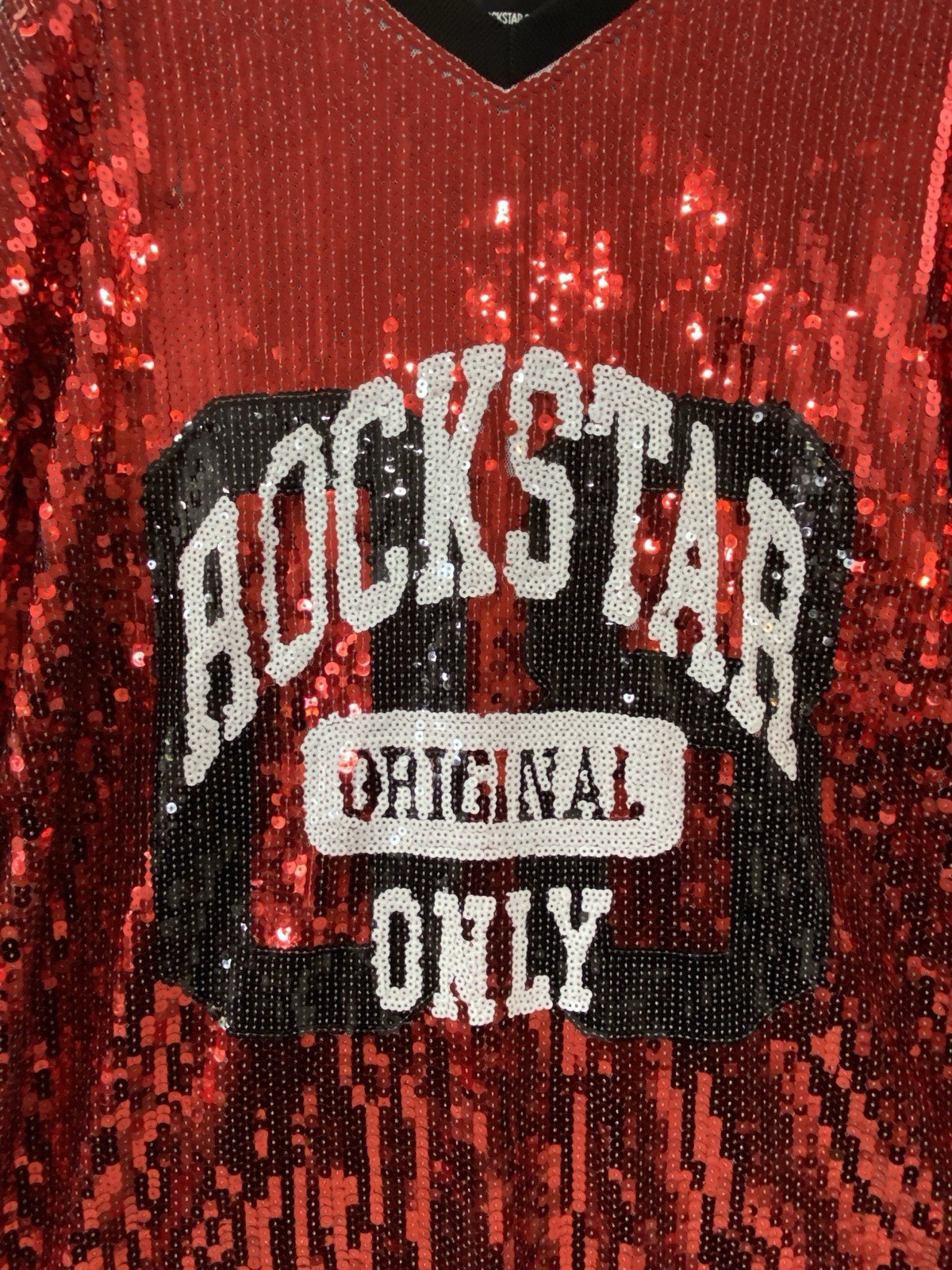 ROCKSTAR ORIG Red Sequin Mini Dress Football Jersey Game Day Oversized Sz OS