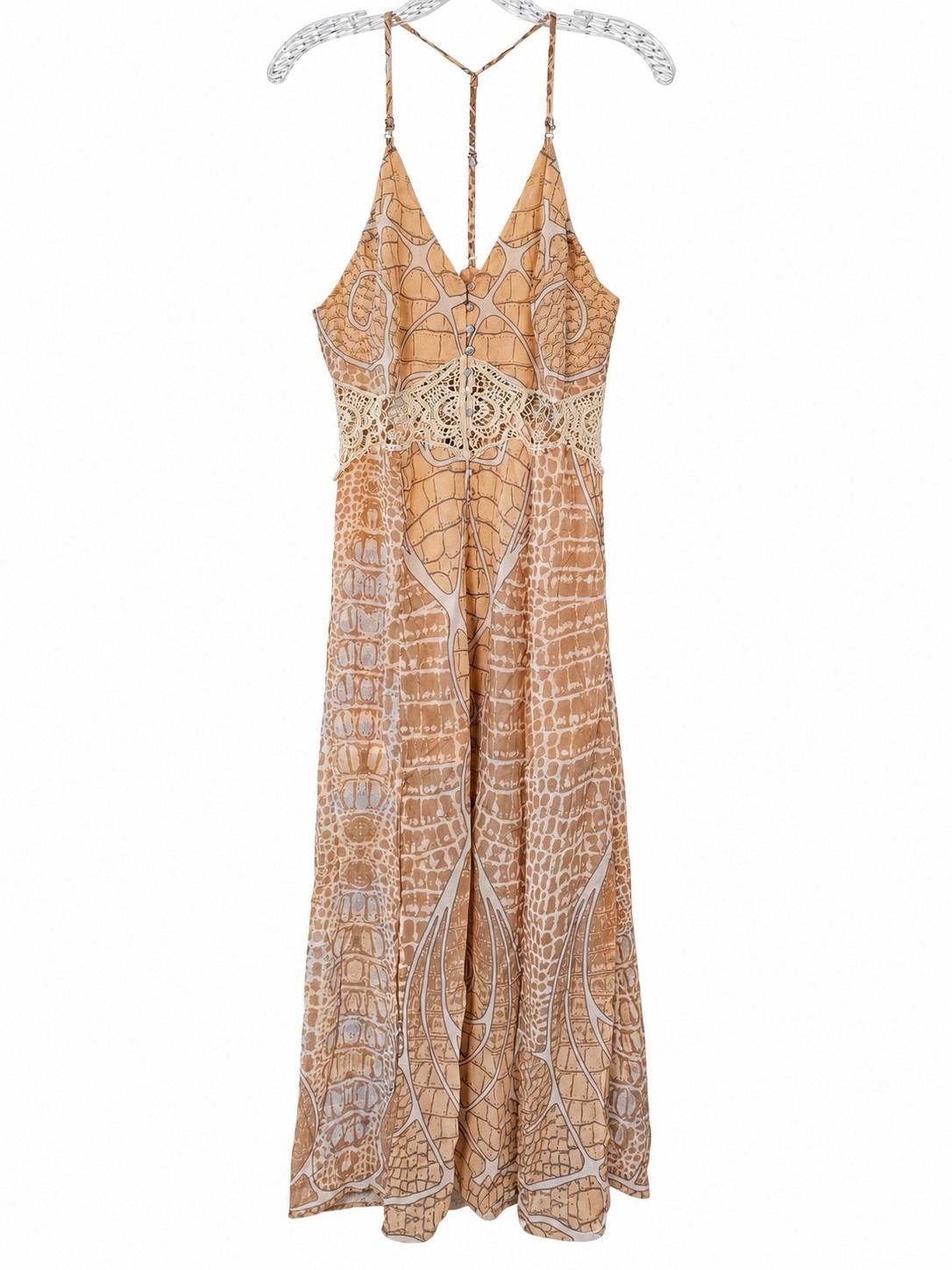 Virgin Only Women’s L Boho Maxi Dress Crochet Lace Animal Print Racerback Peach