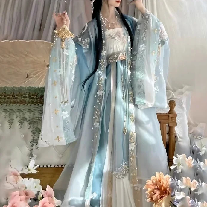 Big Sleeve Cape With Camisole And Pleated Skirt Chinese Style Embroidered Hanfu