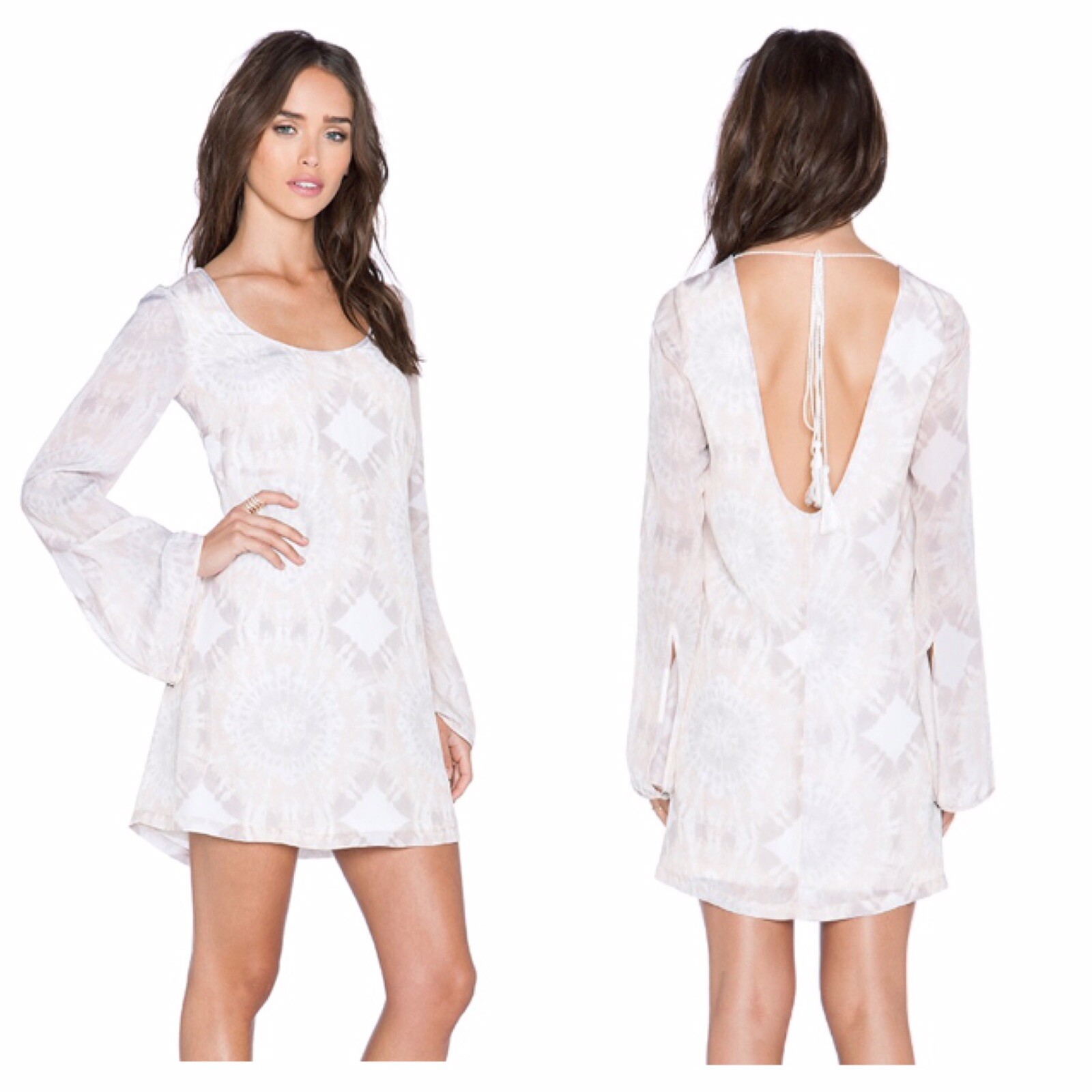 Winston White Bardot Dress Cream Tie Dye XS Boho Tassels Open Back Bell Sleeve
