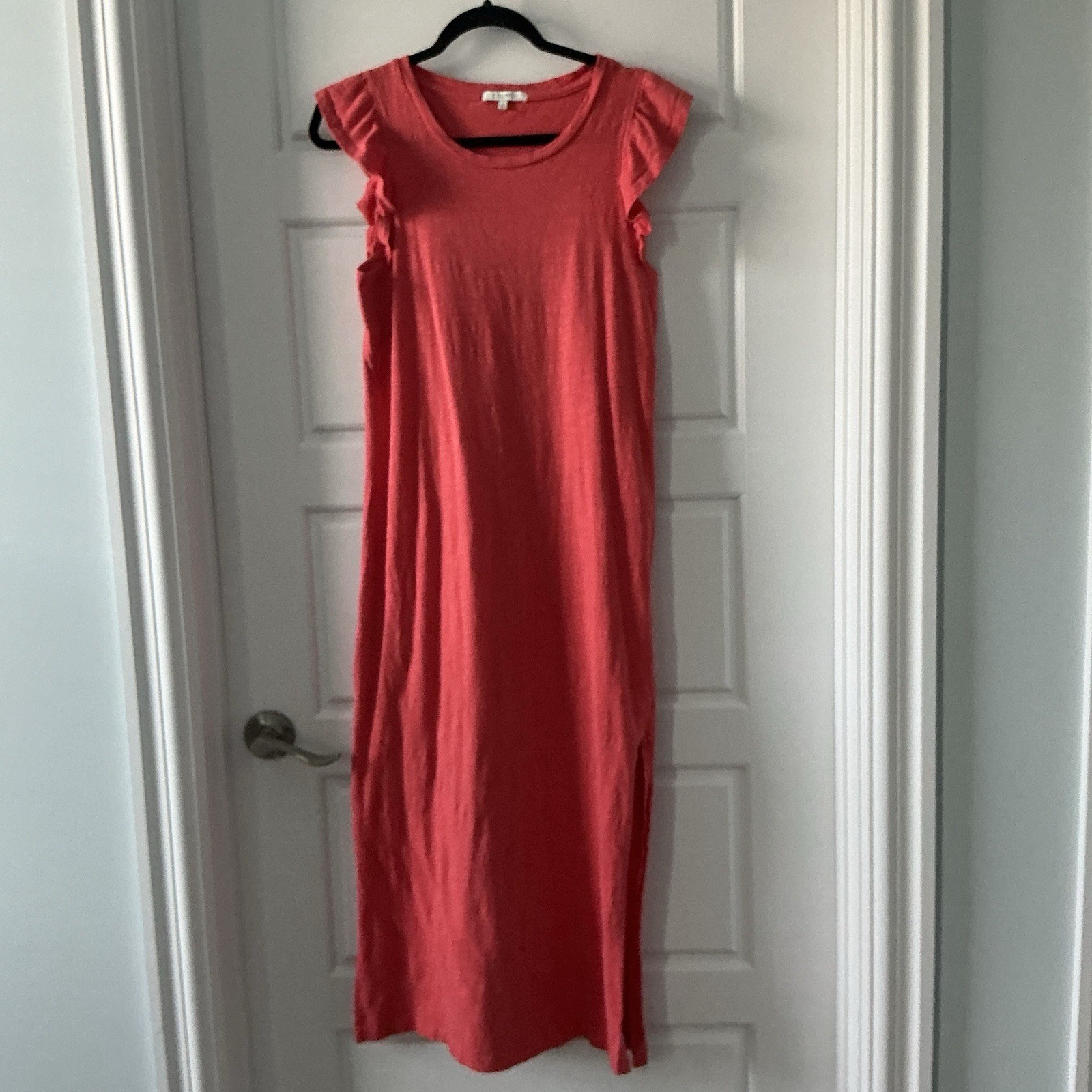 Z Supply Coral Cotton Knit Solid Round Neck Ruffle Side Slit Maxi Dress S