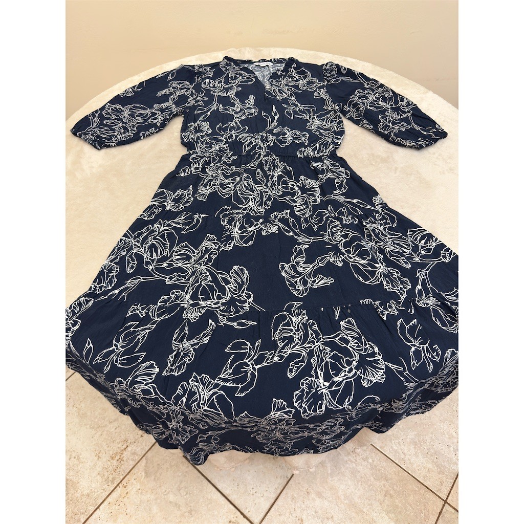 Ophelia Roe Dress Womens S Navy Blue White Floral Tiered Fit & Flare Midi