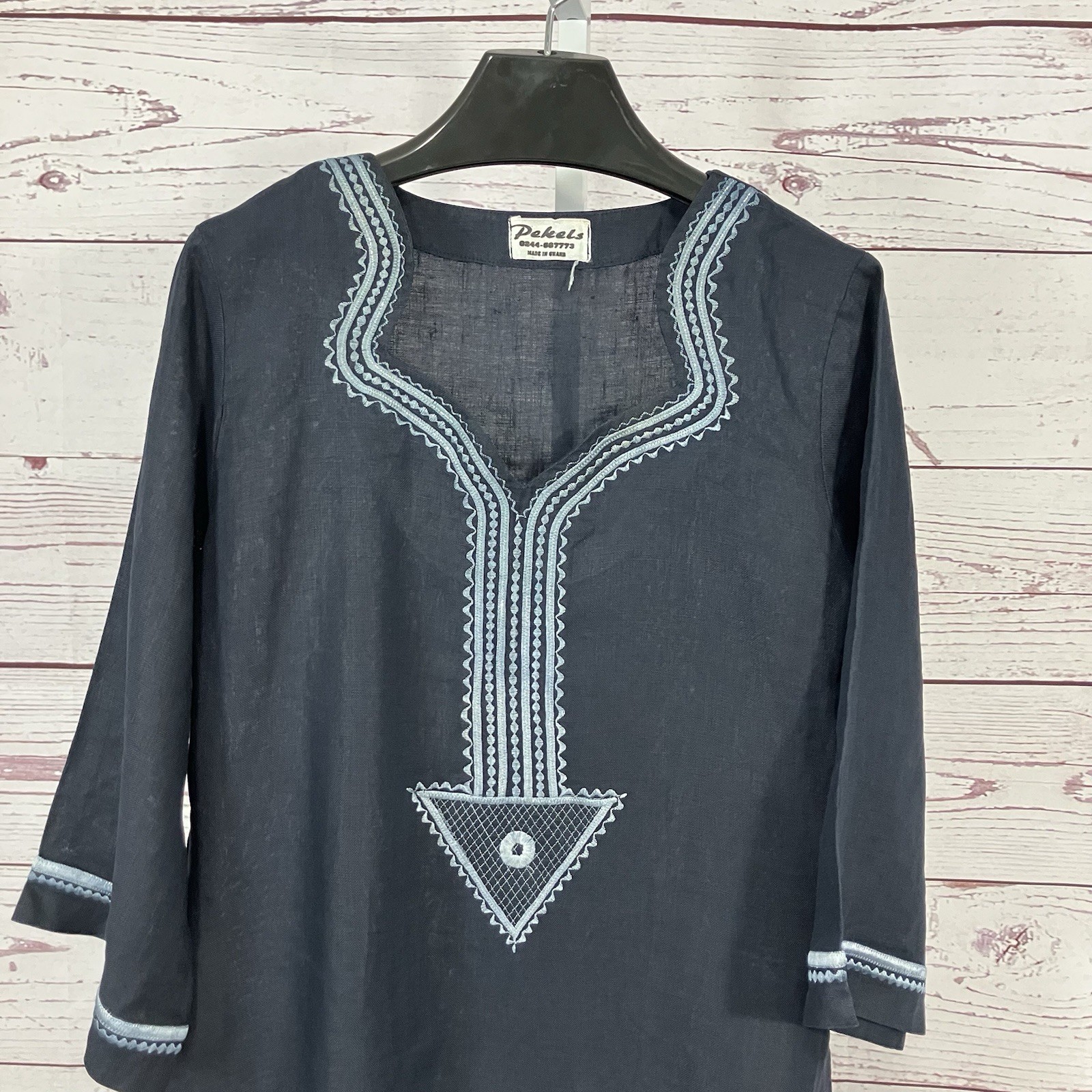 Handmade Linen Blend Embroidered Caftan Maxi Dress Blue Boho Medium
