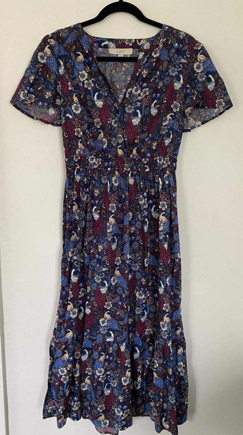 Loft Womens M Peacock Smocked Waist Button Midi Dress Romantic Cottage Boho